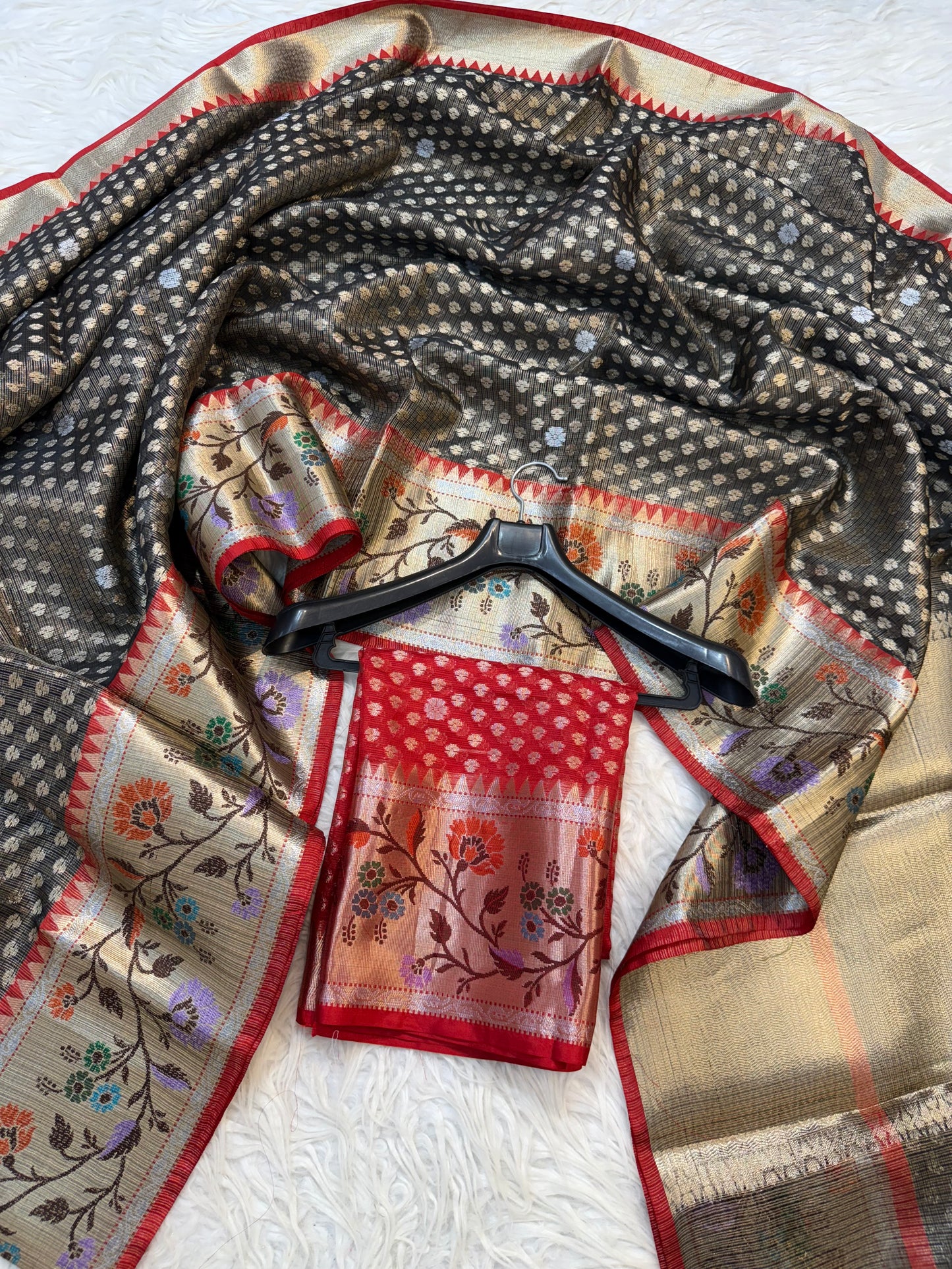 Black & red shade tissue kota premium paithani border banarasi saree