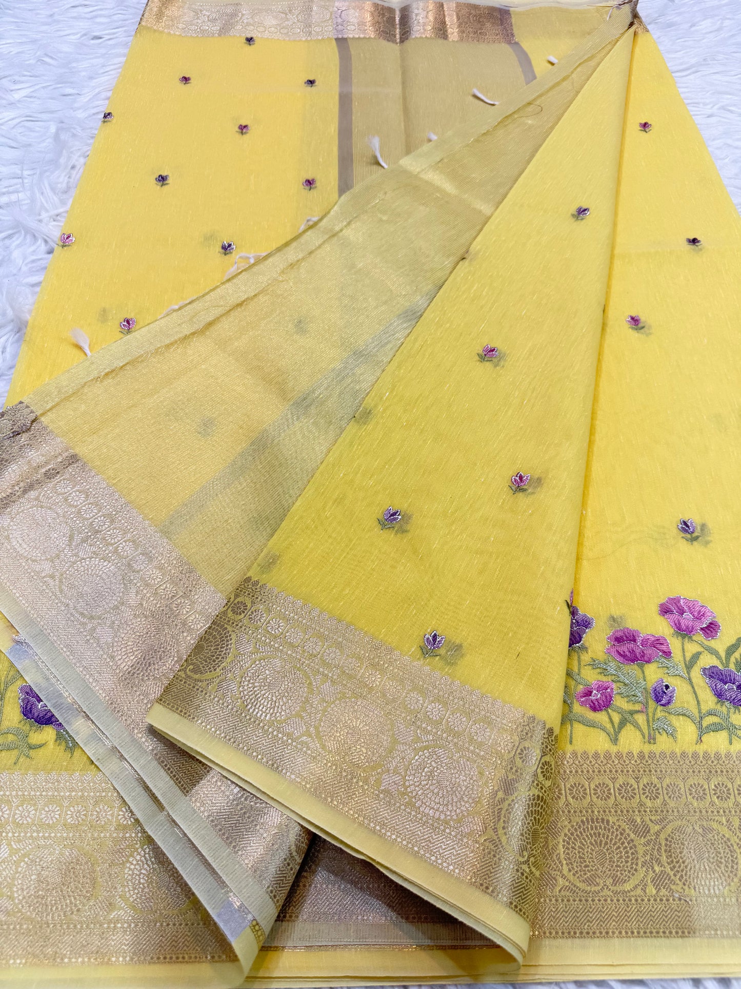 Yellow shade linen embroidery Banarasi saree