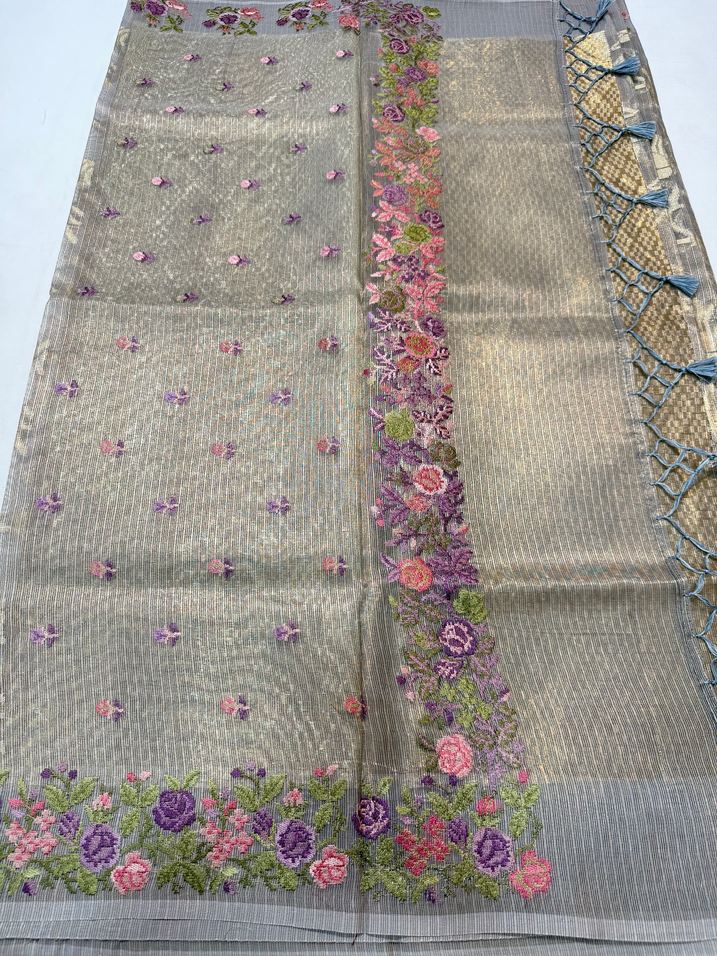 Grey shade tissue kota embroidery primum Banarasi saree