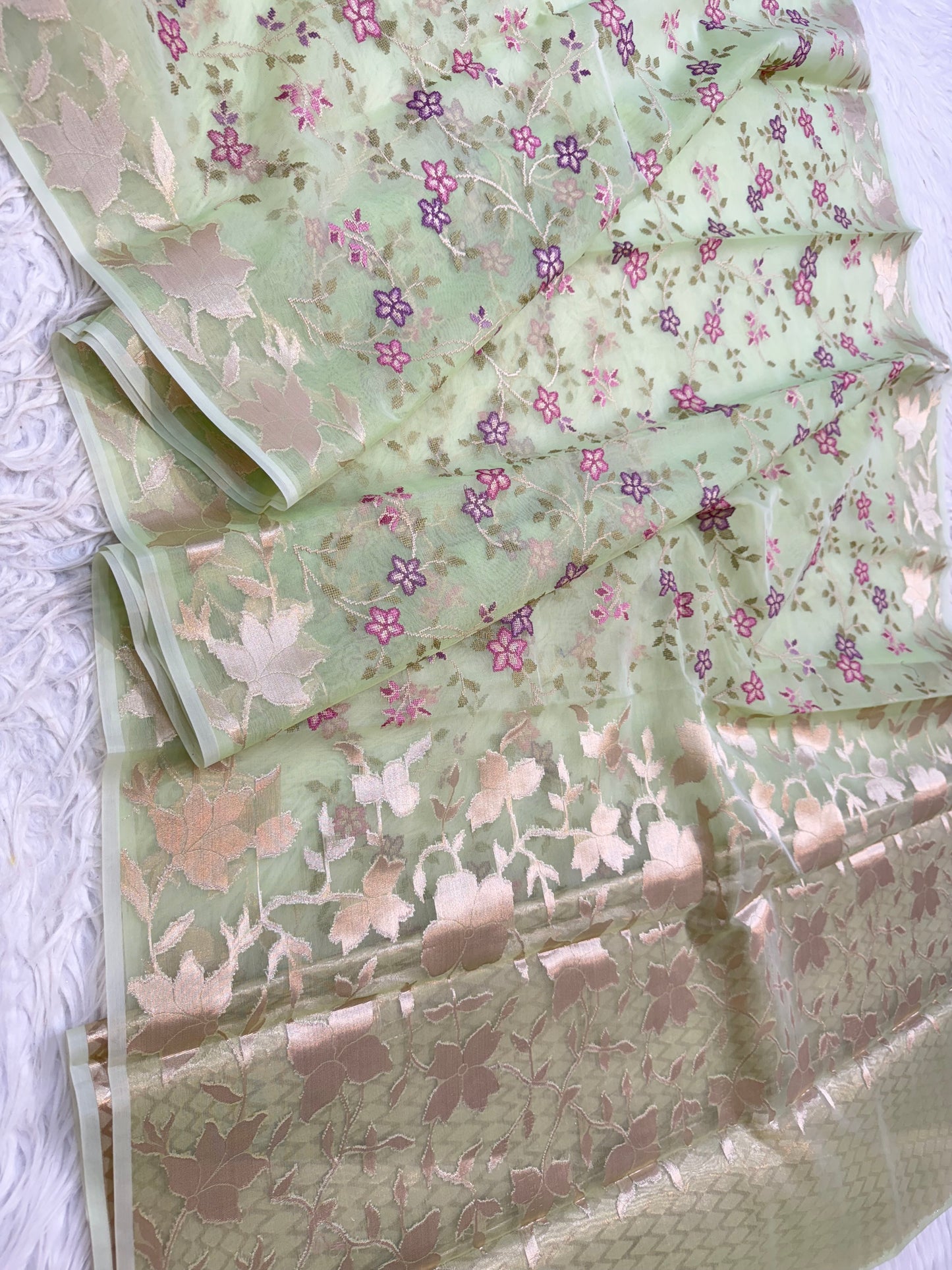 Parrot green shade kora organza embroidery Banarasi saree