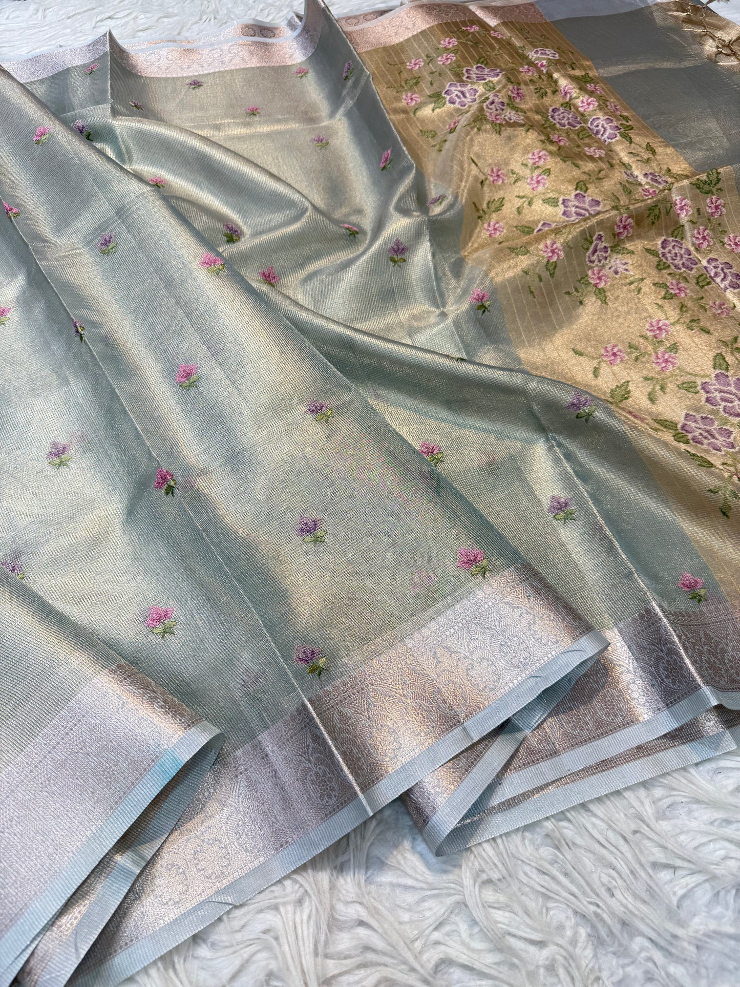 Sea green shade tissue kota embroidery primum Banarasi saree