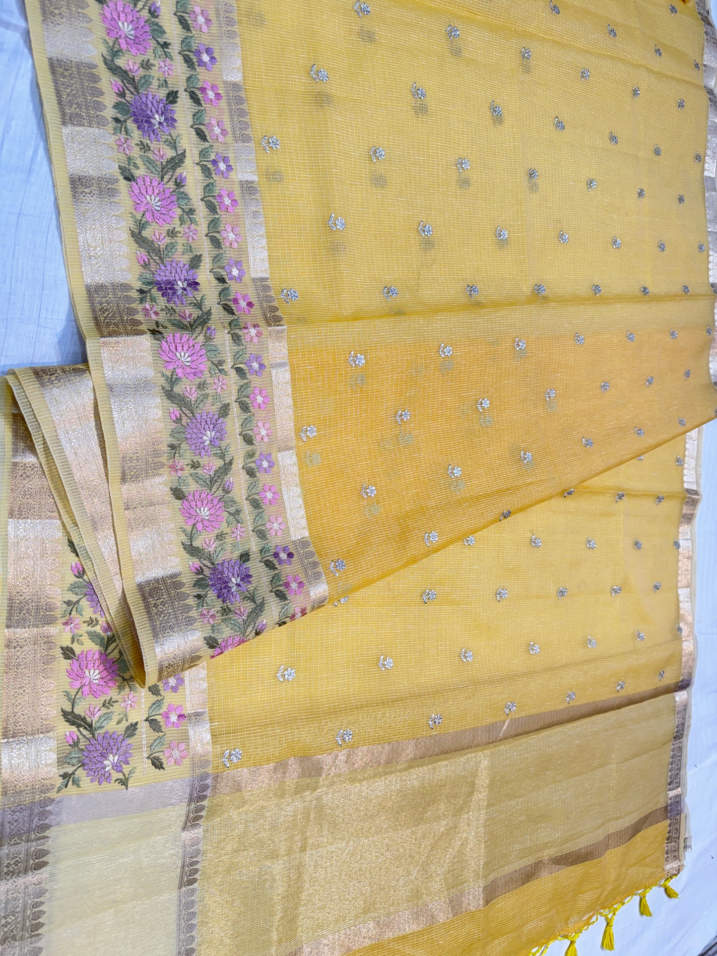 Gold shade cotton kota chickenkari embroidery Banarasi saree