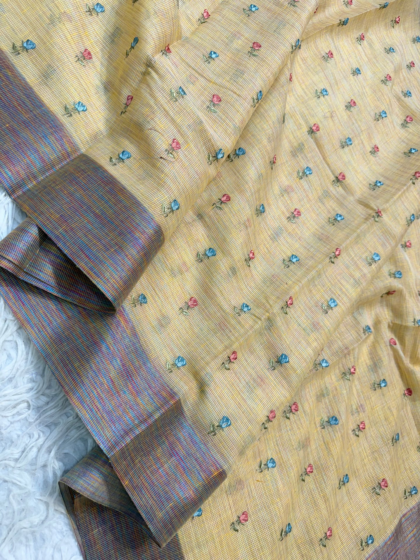 Mustard shade linen embroidery Banarasi saree