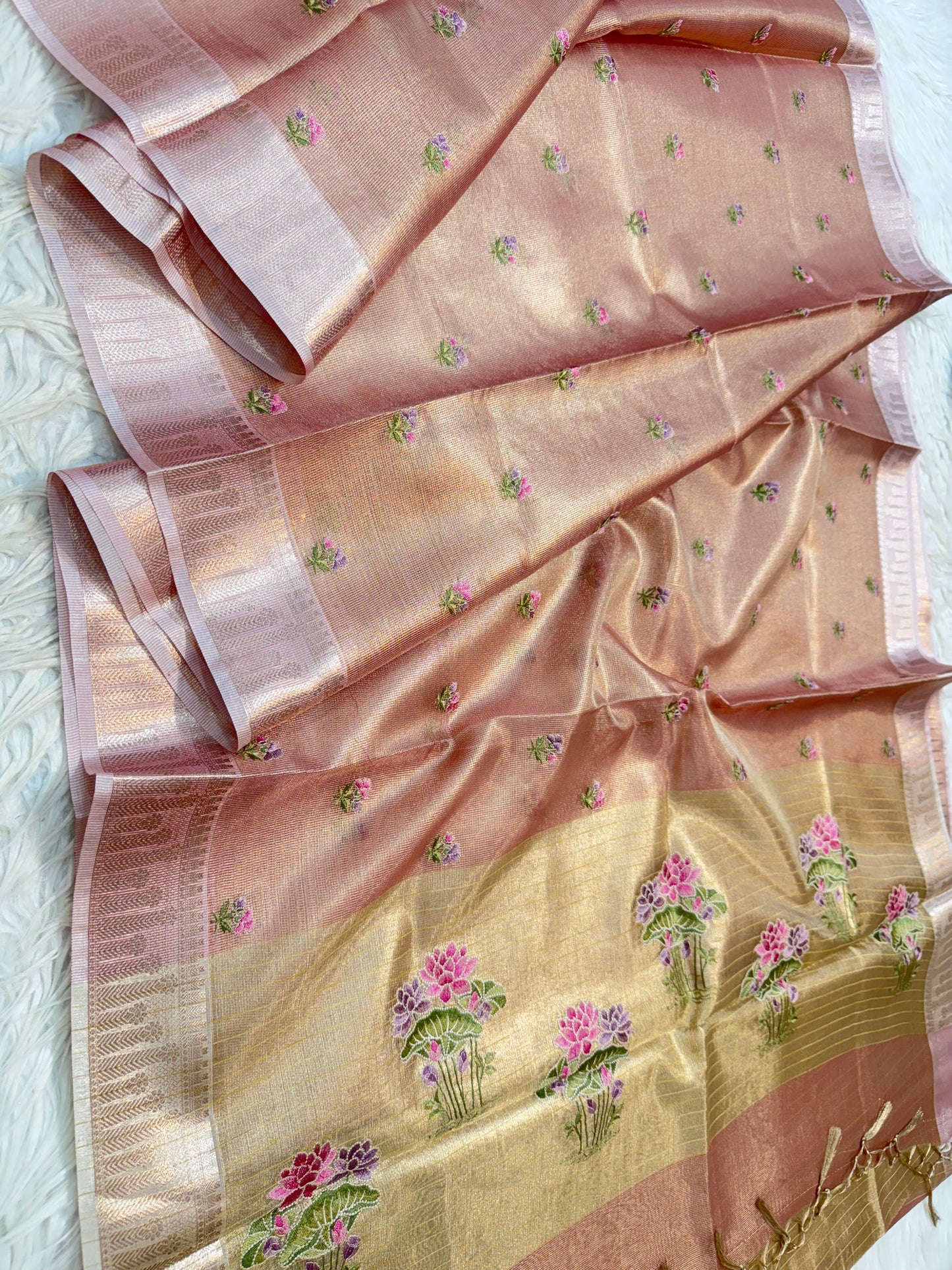 Peach shade tissue kota embroidery primum Banarasi saree