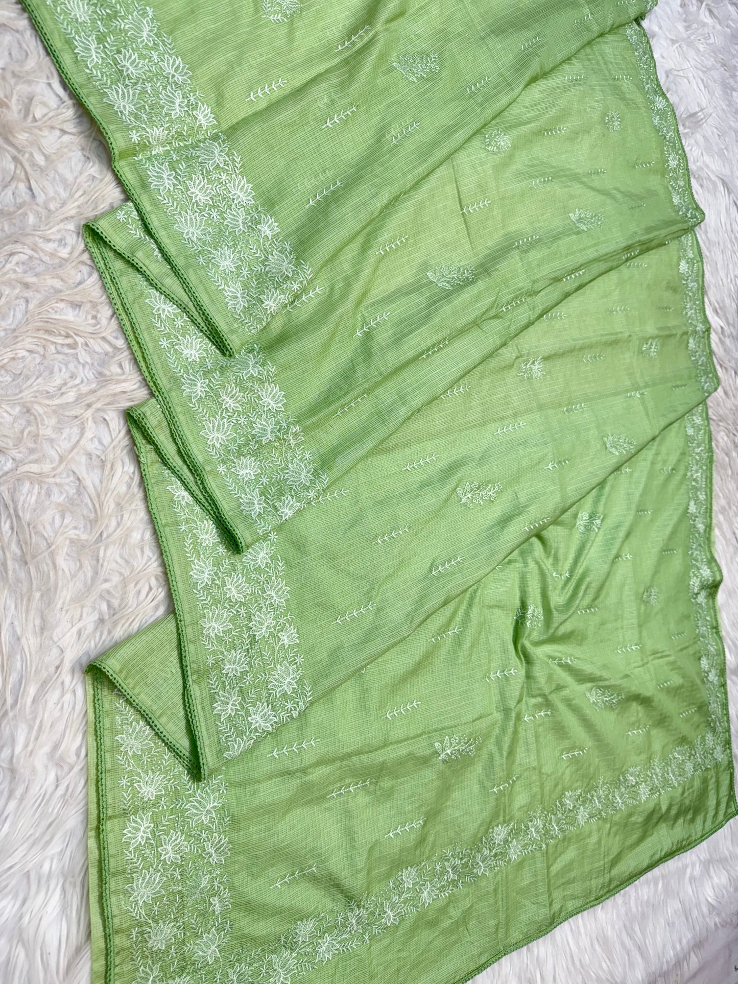 Pista green shade cotton kota chickenkari embroidery Banarasi saree