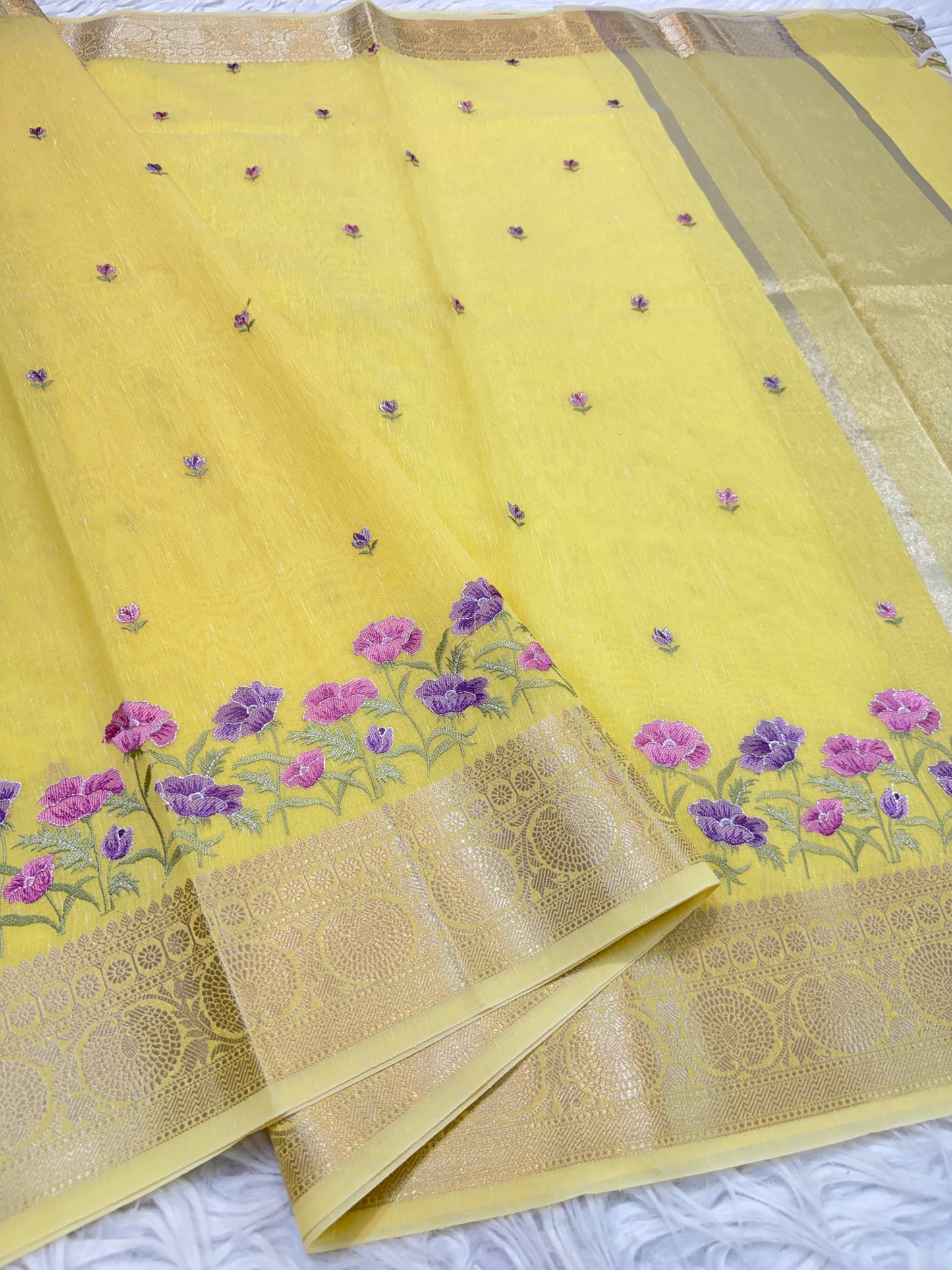 Yellow shade linen embroidery Banarasi saree