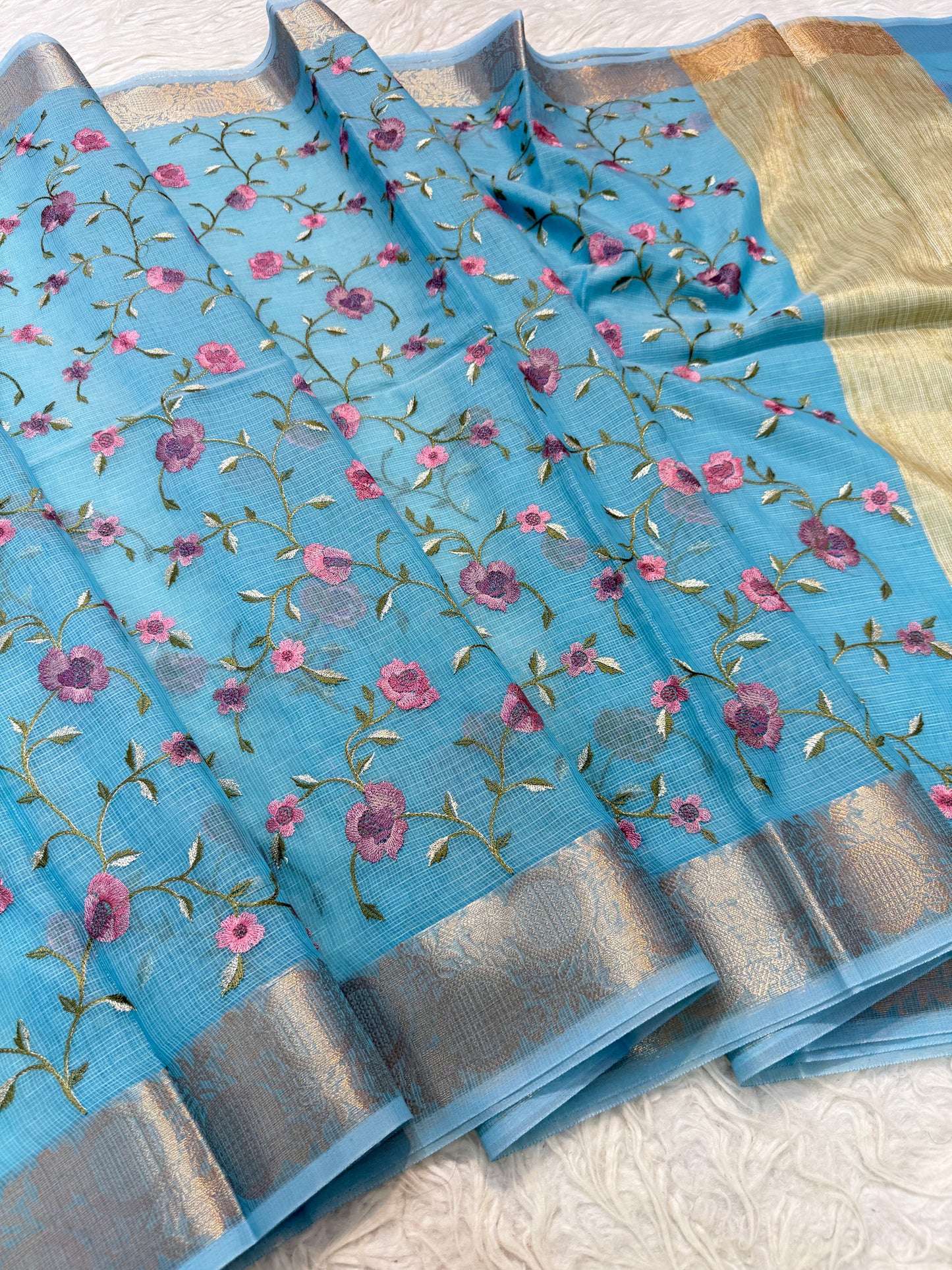 Sky blue shade cotton kota embroidery Banarasi saree