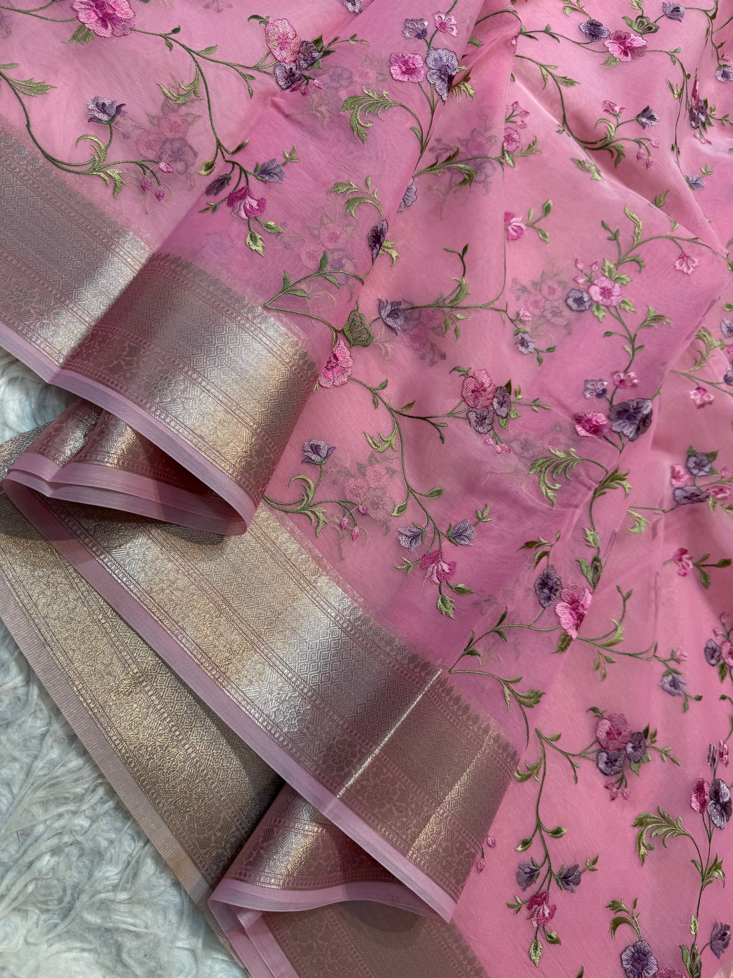Pink shade organza embroidery Banarasi saree