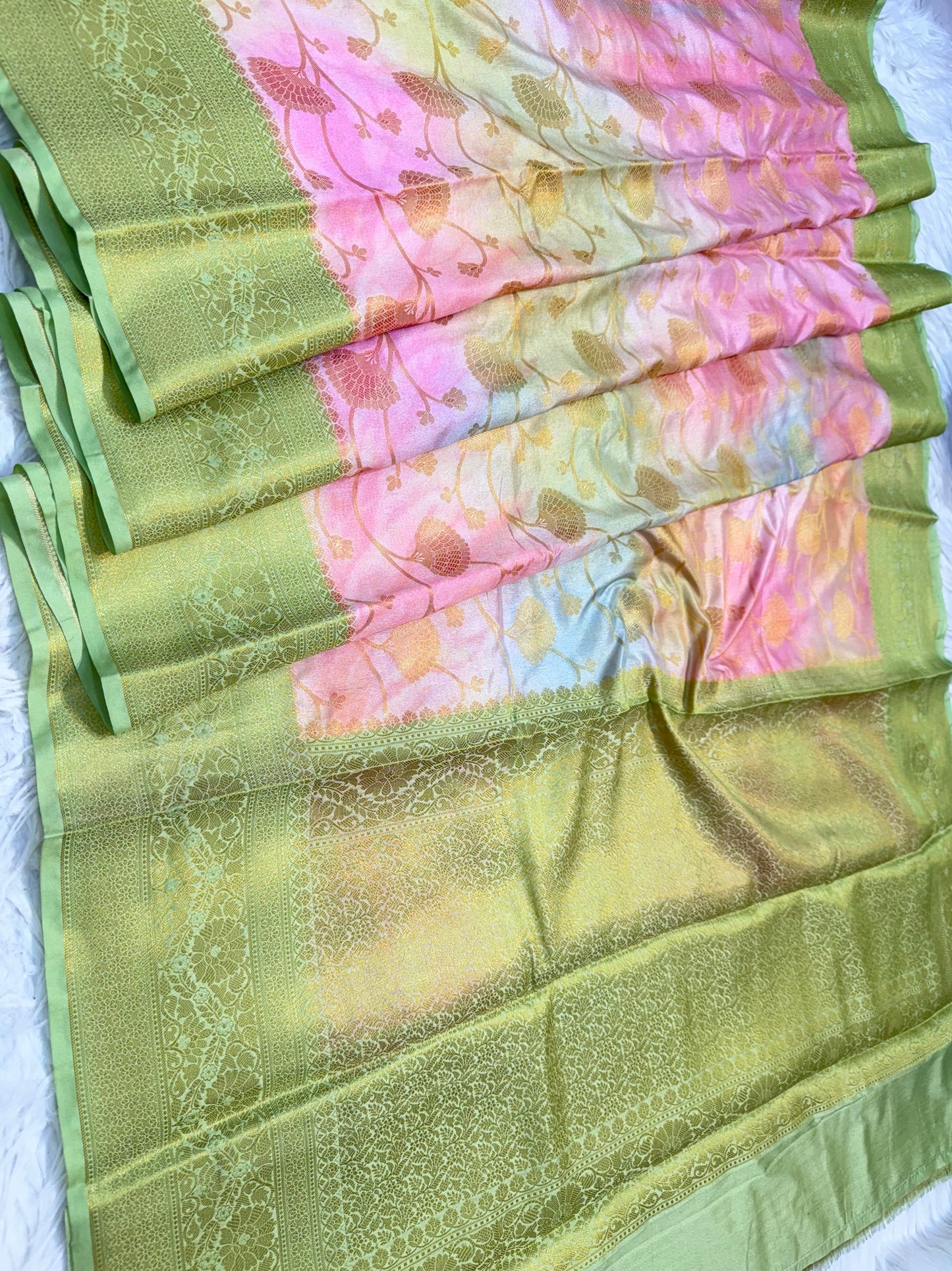Pista green & multicolour Dupion silk digital print Banarasi saree