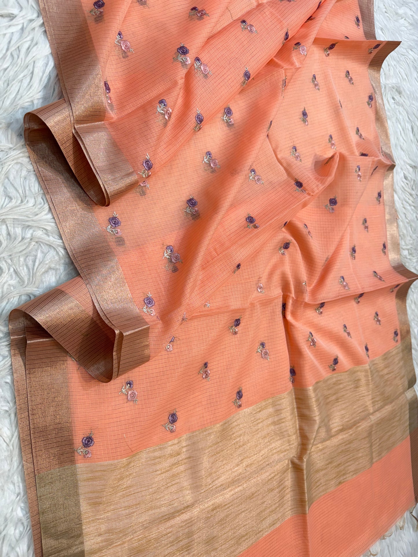 Peach shade cotton kota embroidery Banarasi saree