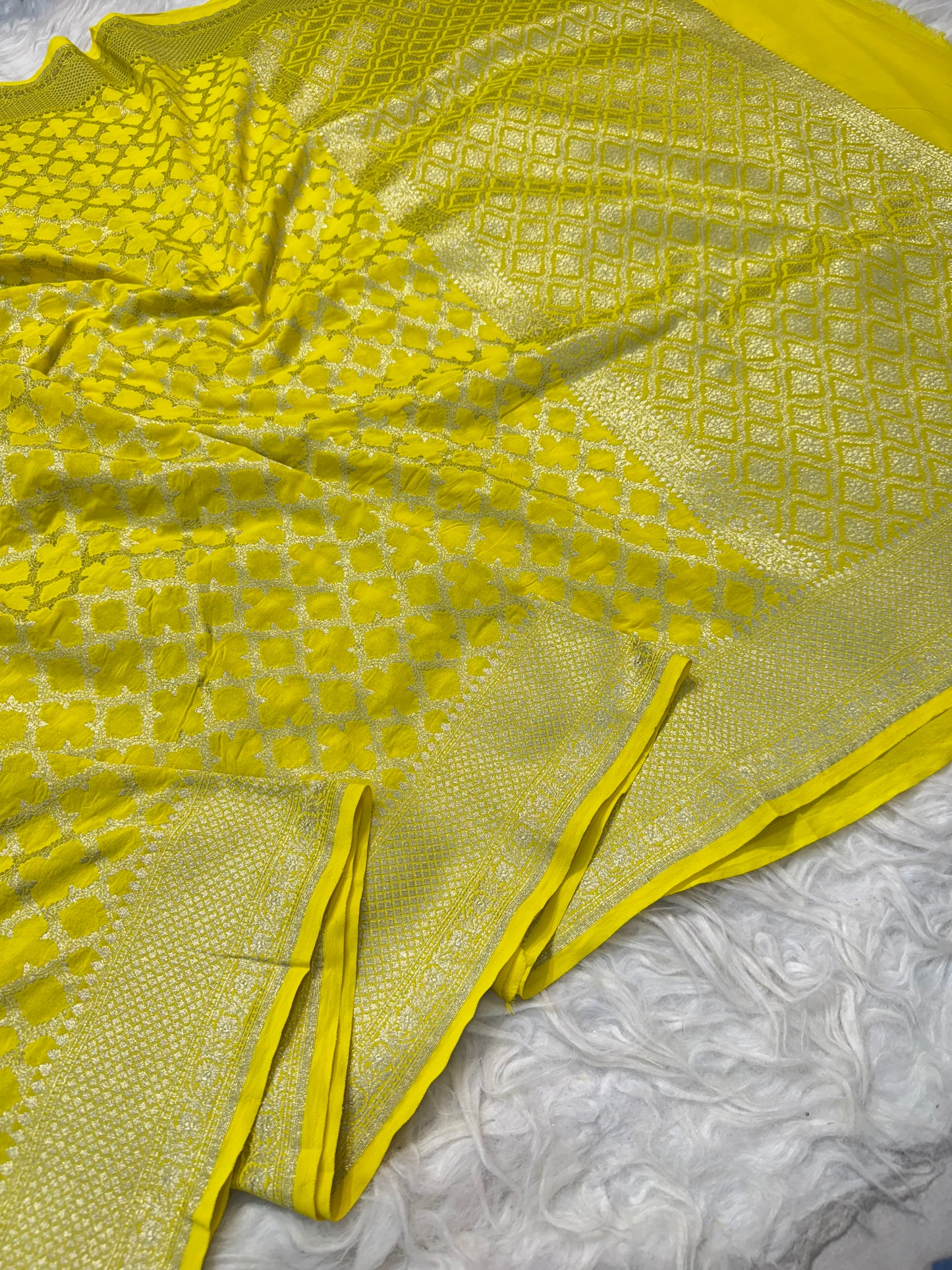 Yellow shade khaddi georgatte premium Banarasi saree
