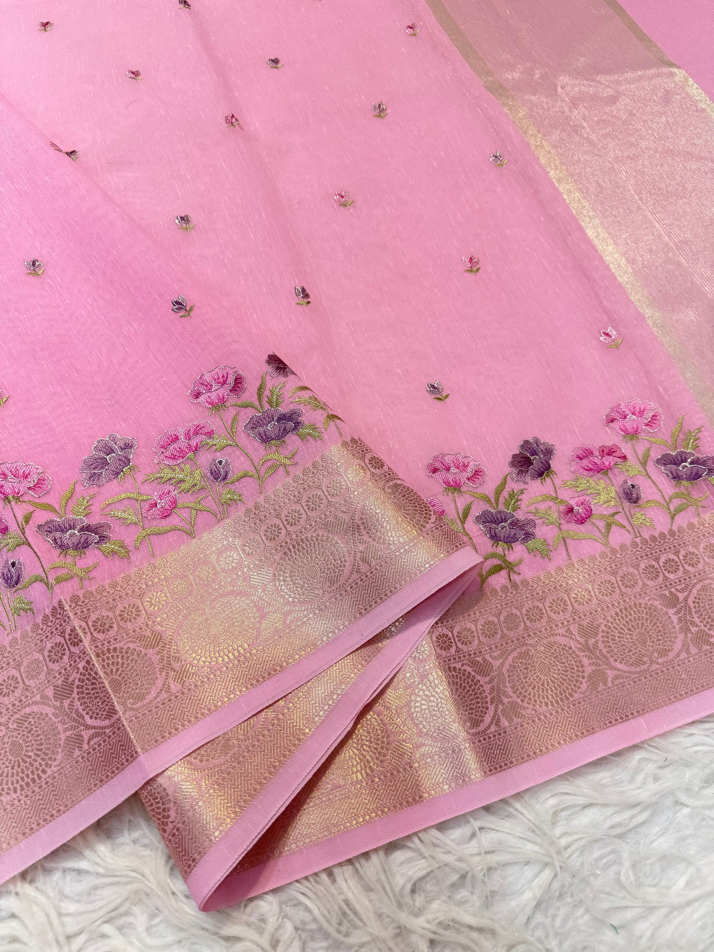 Pink green shade linen embroidery Banarasi saree