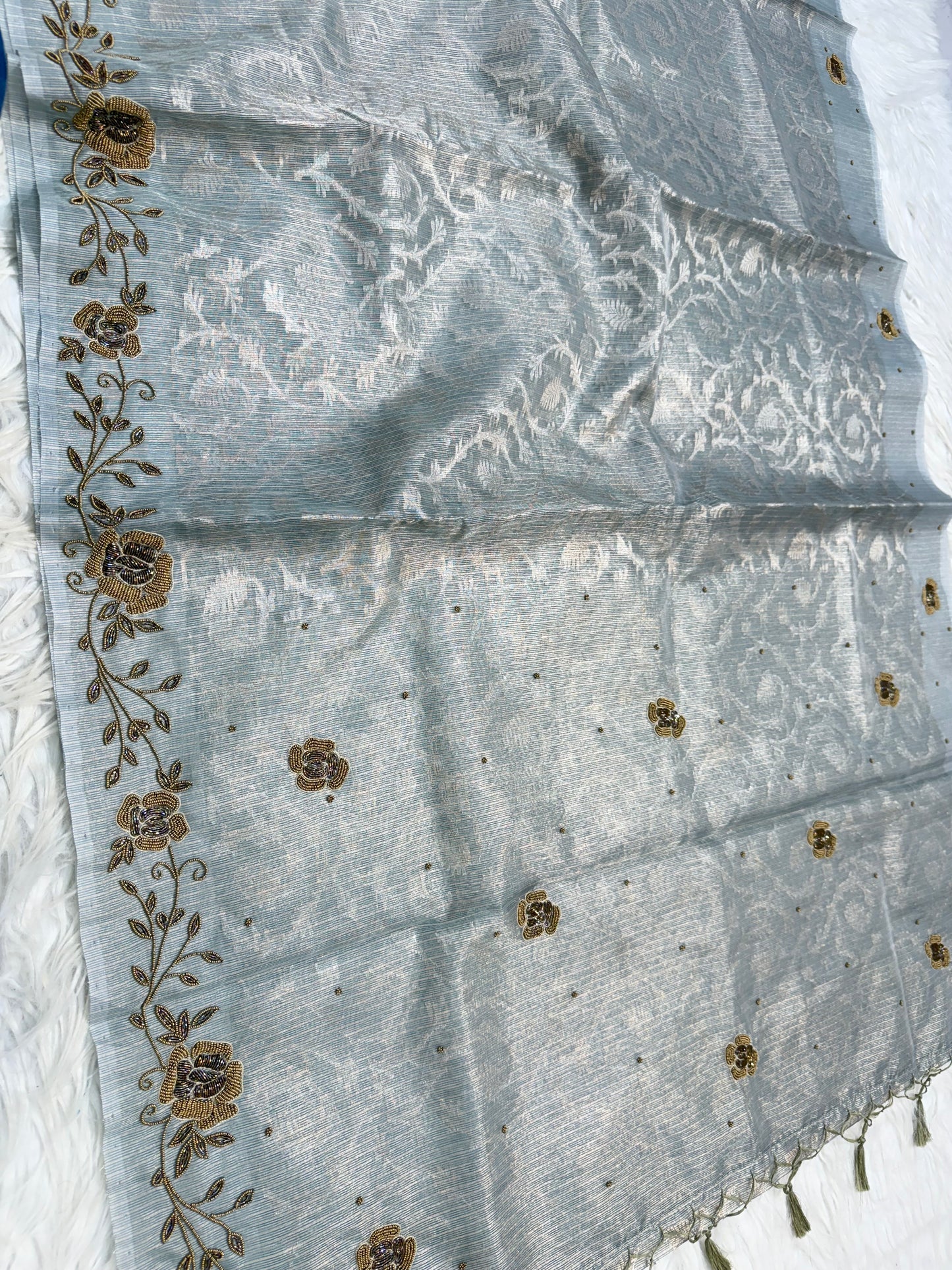Pista green shade tissue kota zardosi work Banarasi saree