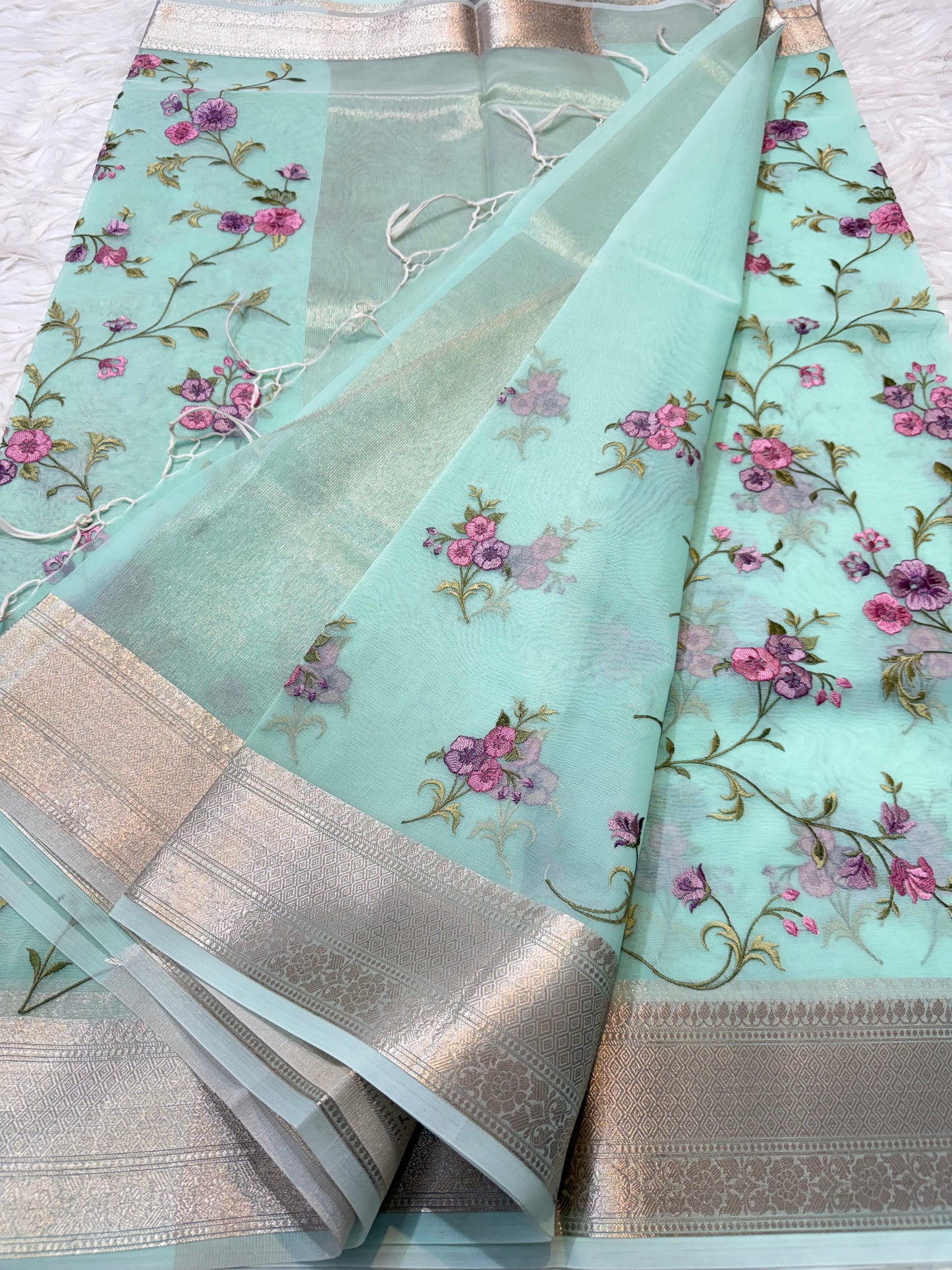 Turquoise shade organza embroidery Banarasi saree