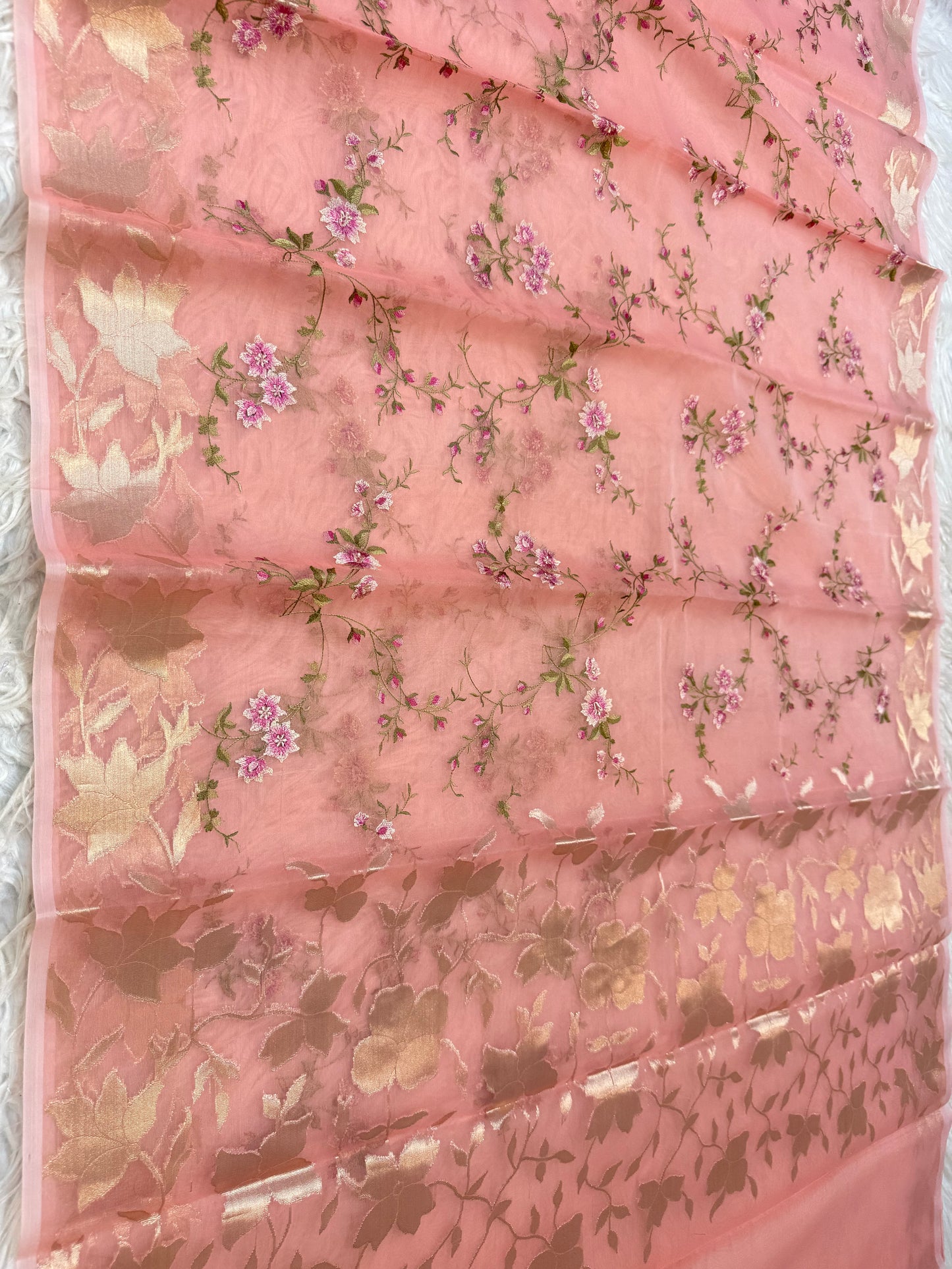 Peach shade kora organza embroidery Banarasi saree