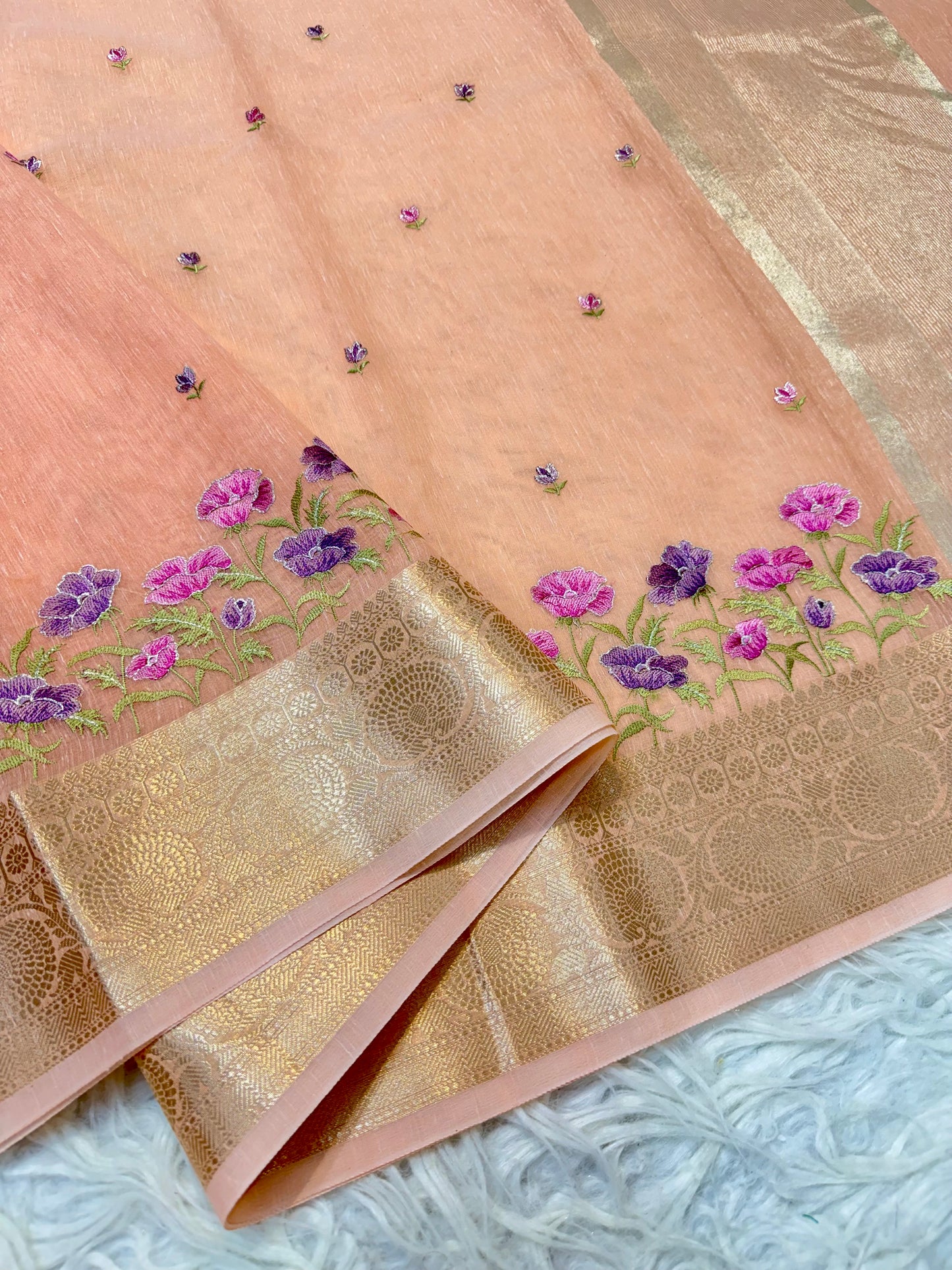 Peach shade linen embroidery Banarasi saree