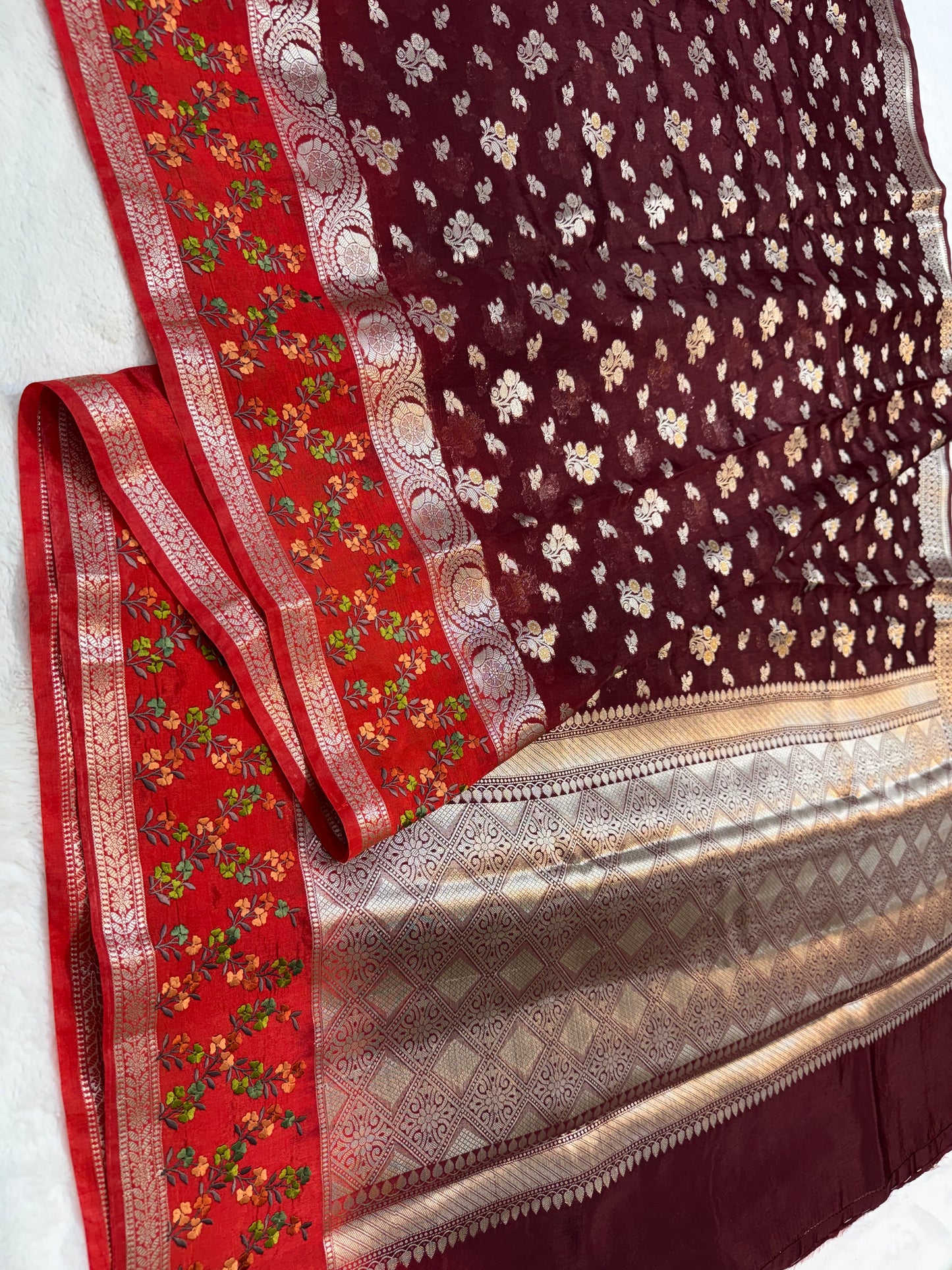 Wine & red shade raw mango premium embroidery Banarasi saree