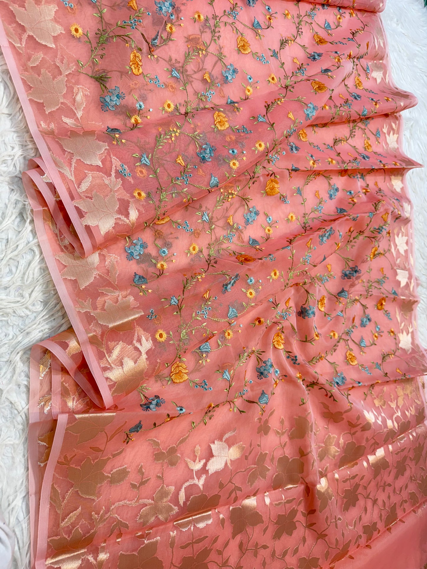 Peach shade kora organza embroidery Banarasi saree