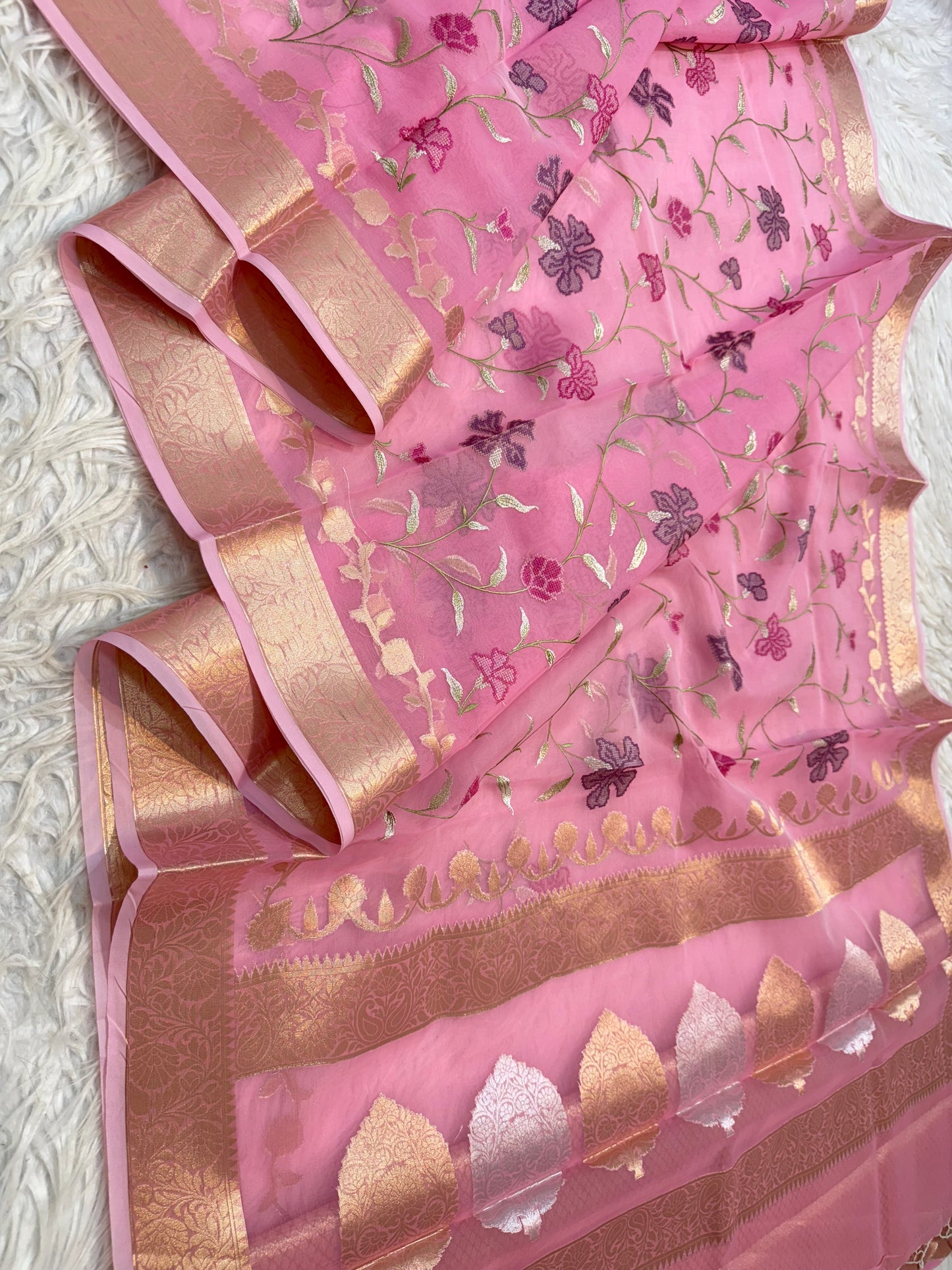Pink shade kora organza embroidery Banarasi saree