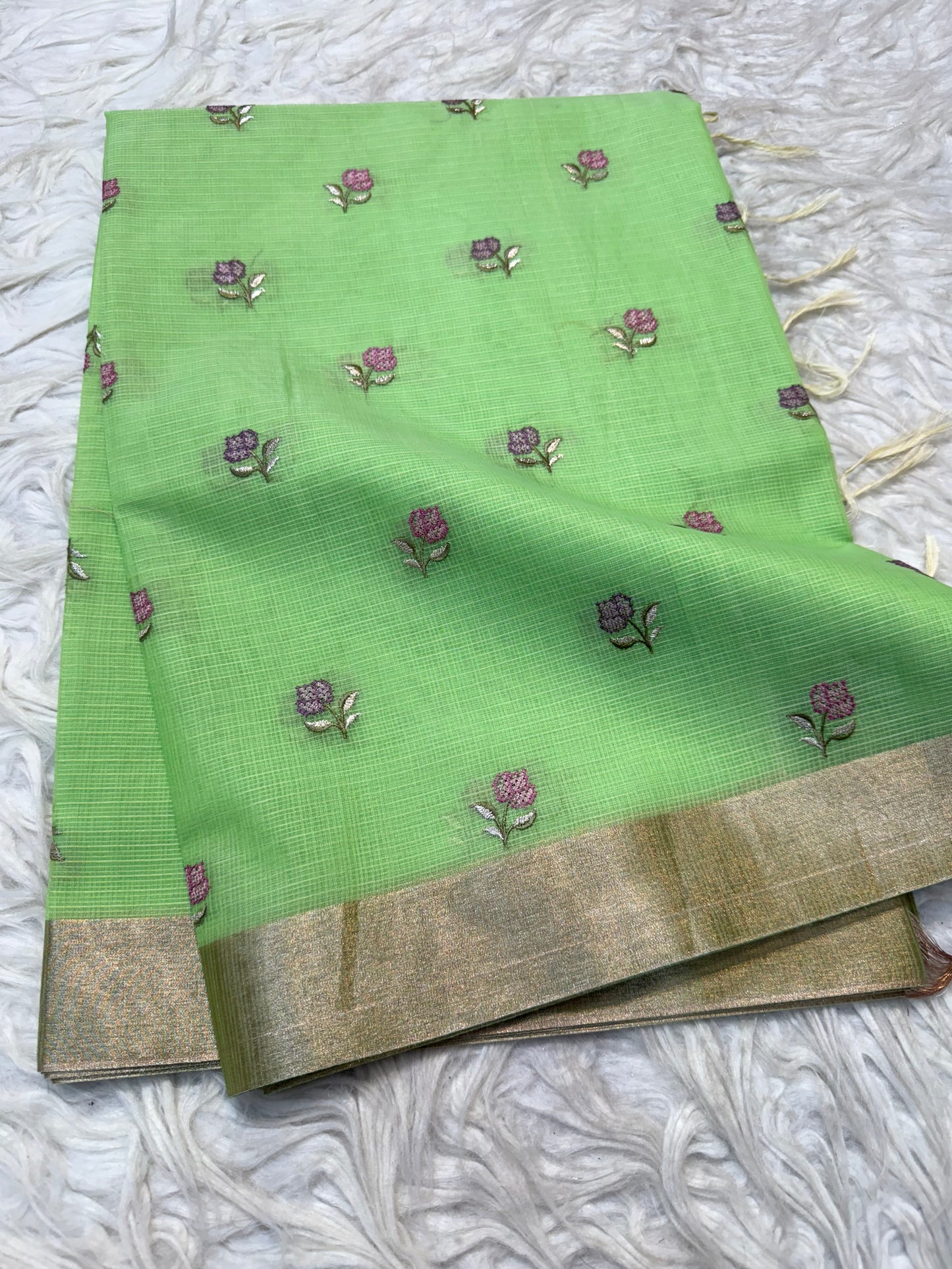 Pista green shade cotton kota embroidery Banarasi saree