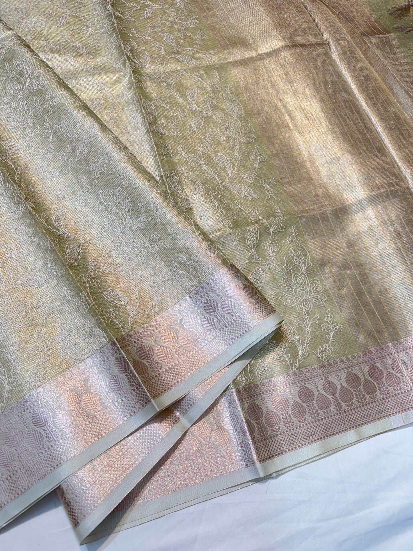Pista green shade tissue kota embroidery primum Banarasi saree