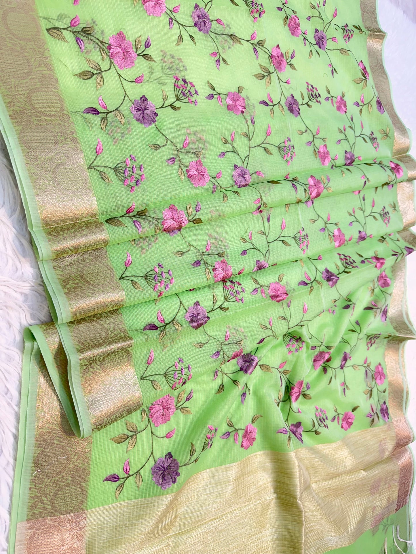 Pista green shade kota embroidery Banarasi saree