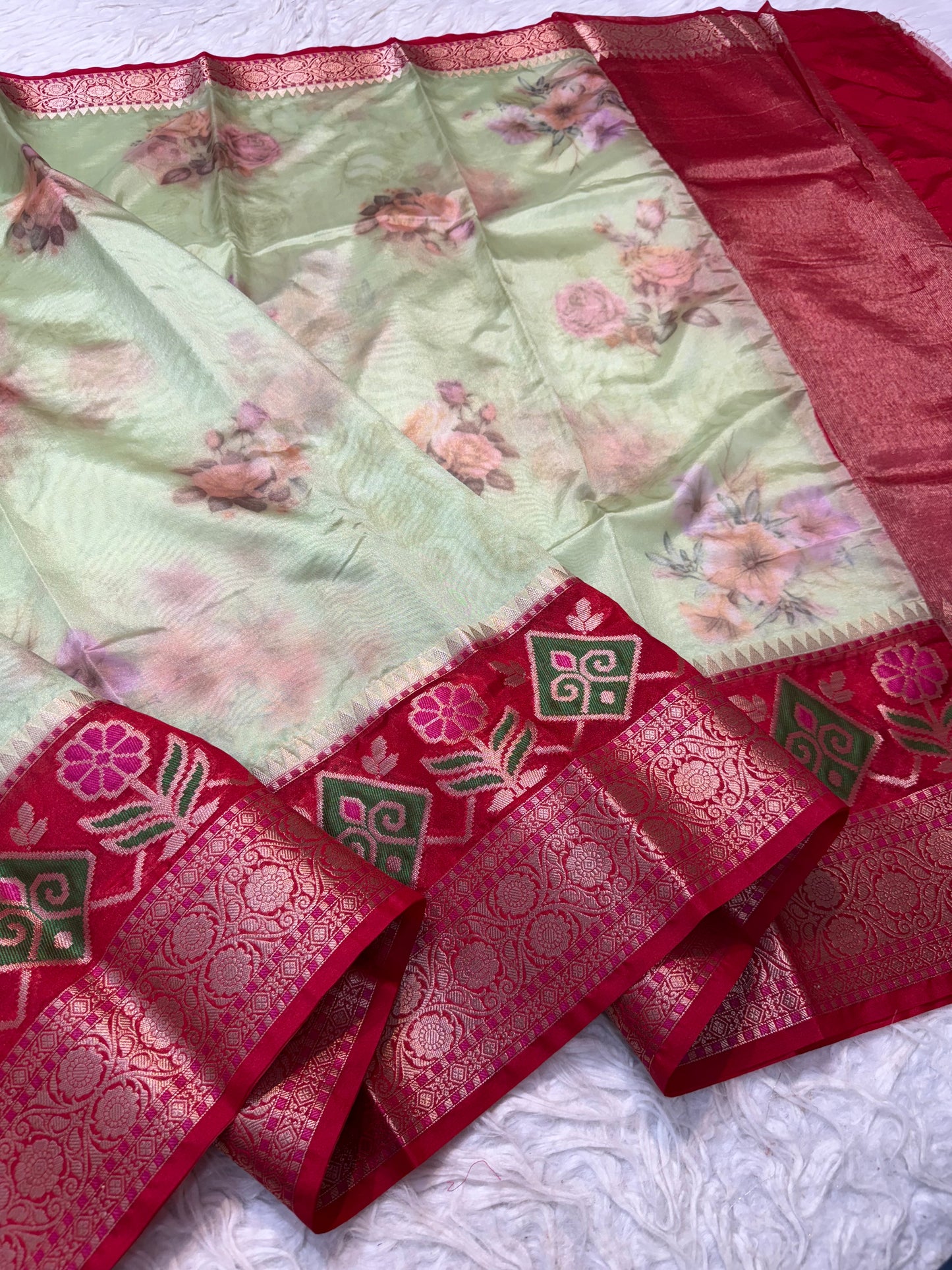 Pista green red Contrast Kora Organza Digital Print Banarasi saree