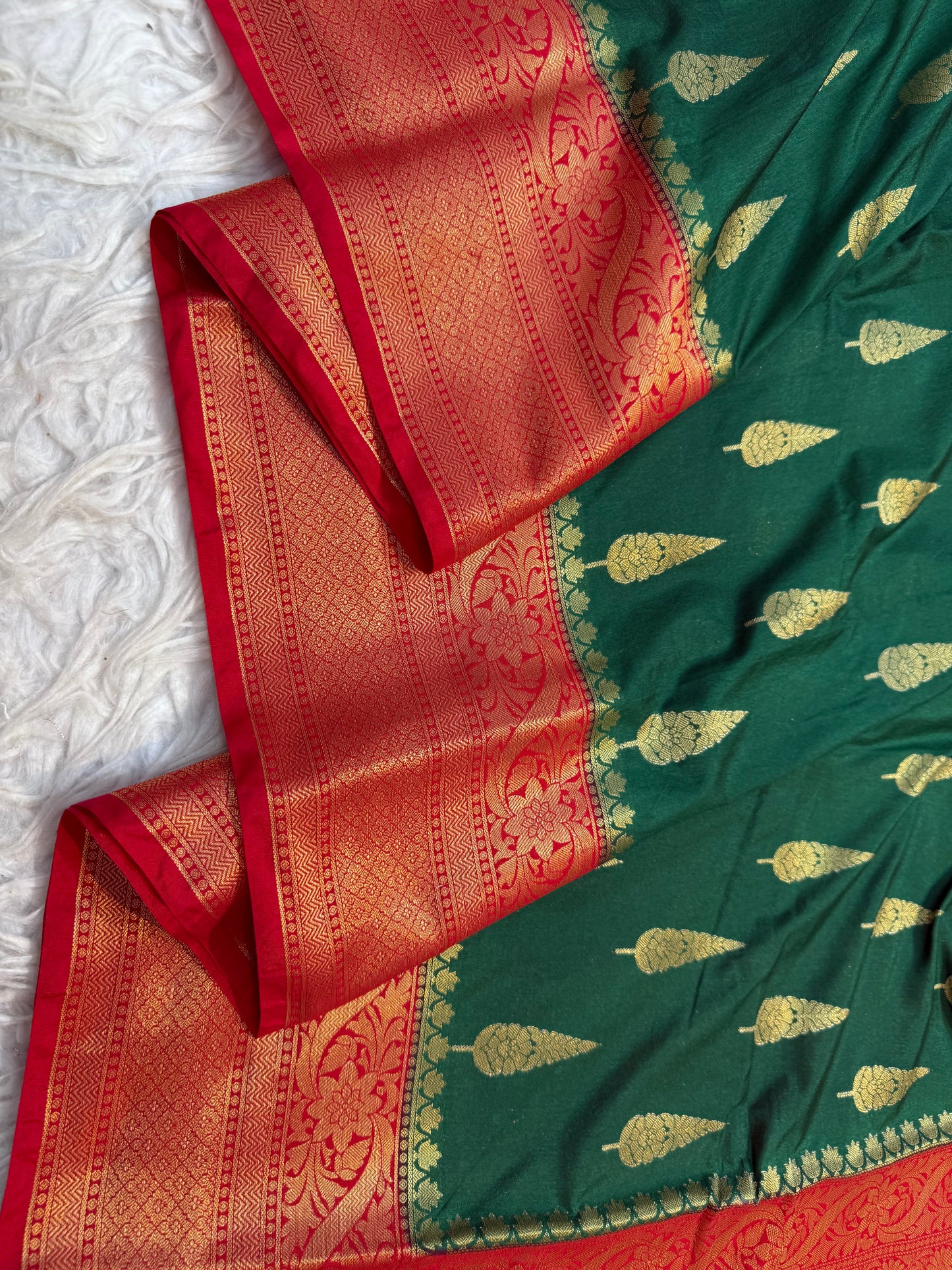 Bottle green red shade Dupion Silk Banarasi Saree