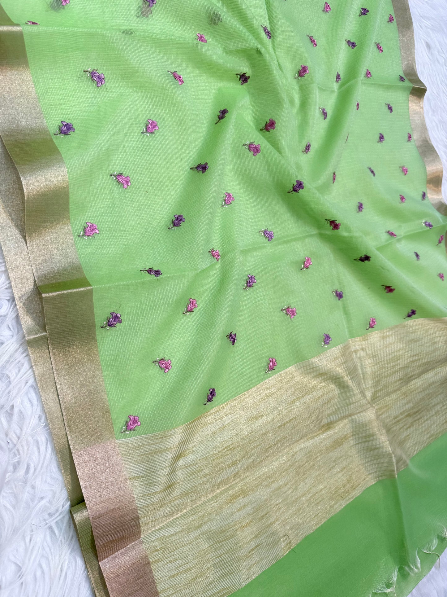 Pista green shade cotton kota embroidery Banarasi saree