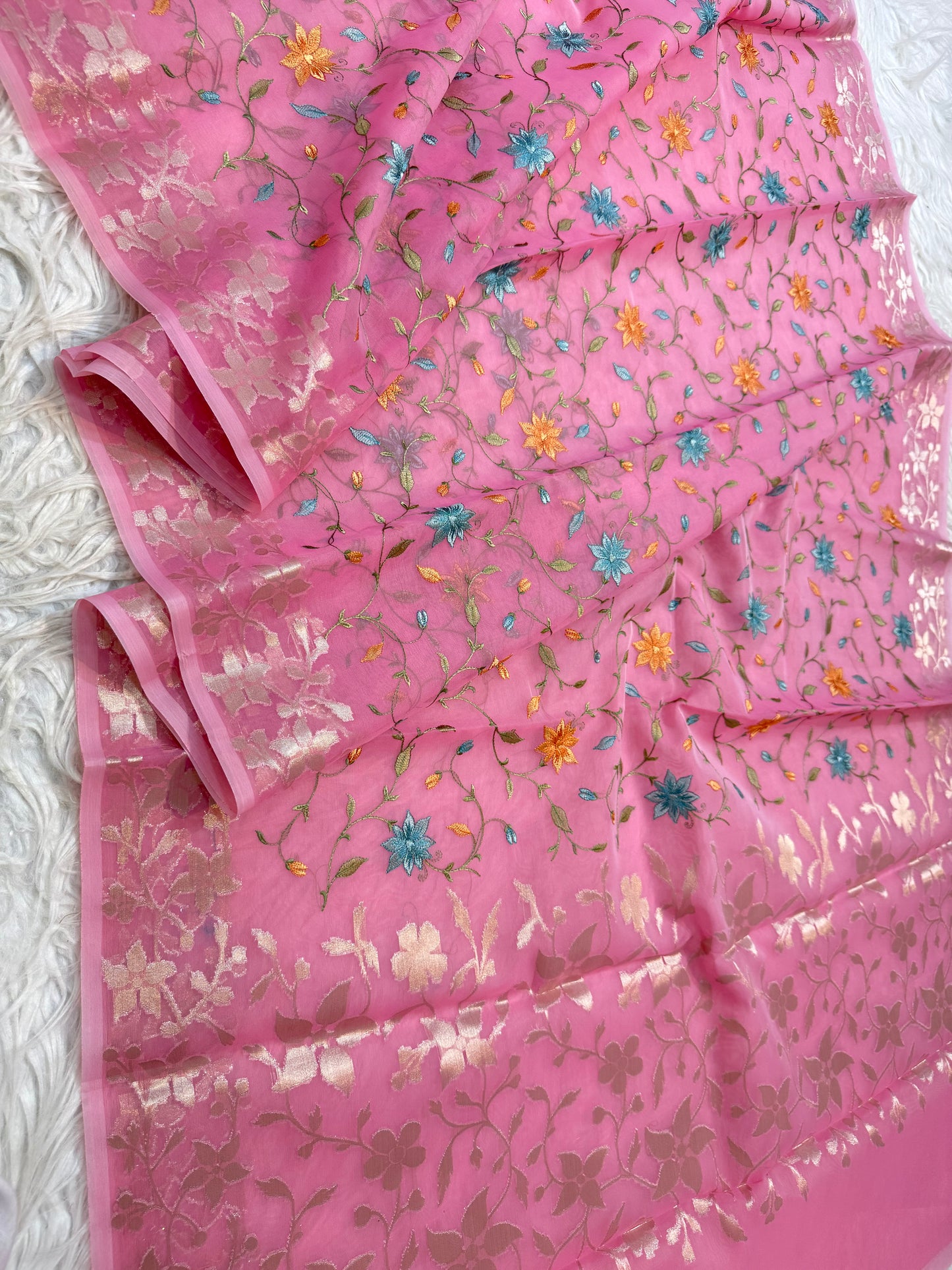 Pink shade kora organza embroidery Banarasi saree