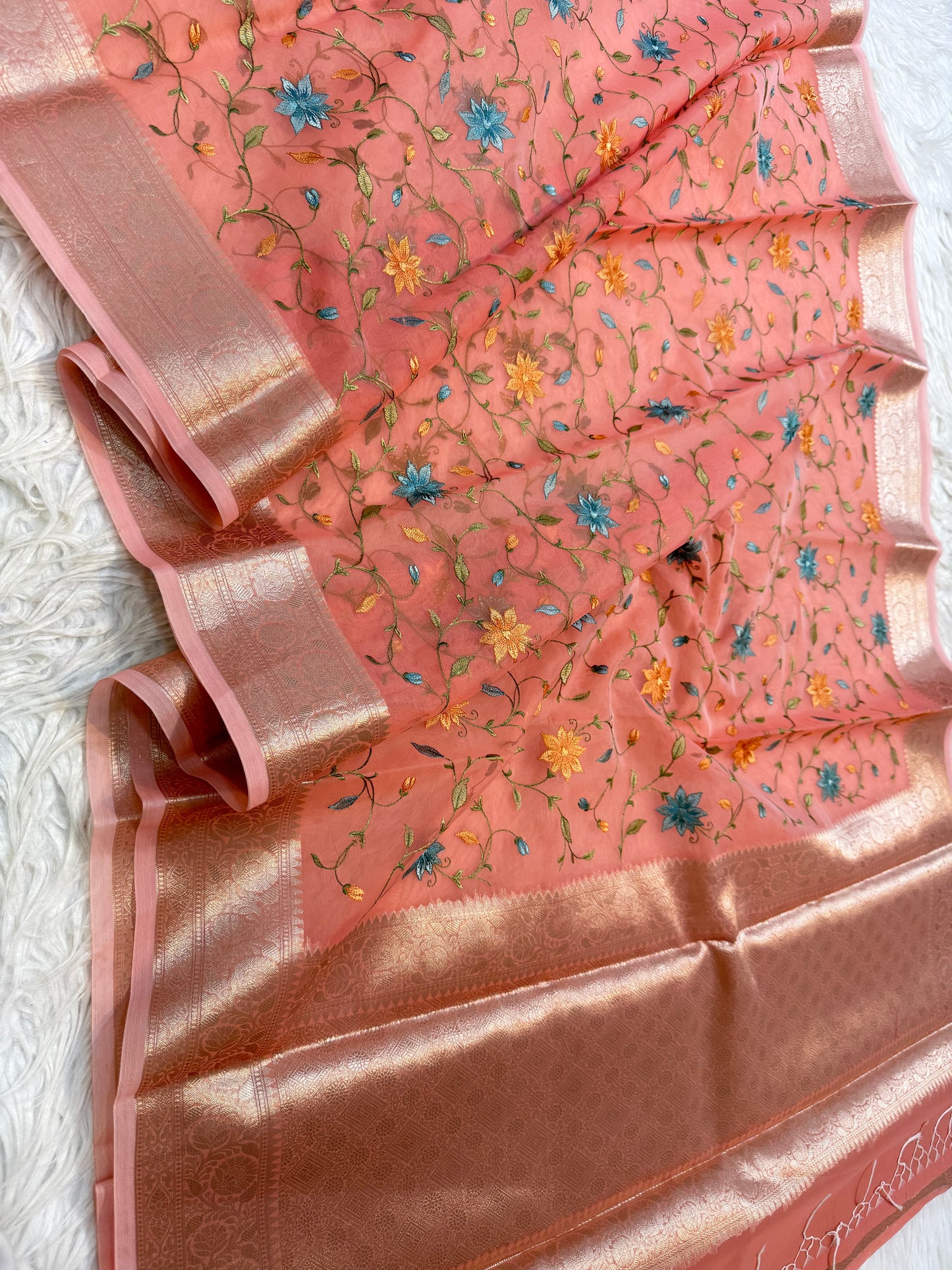 Peach shade kora organza embroidery Banarasi saree