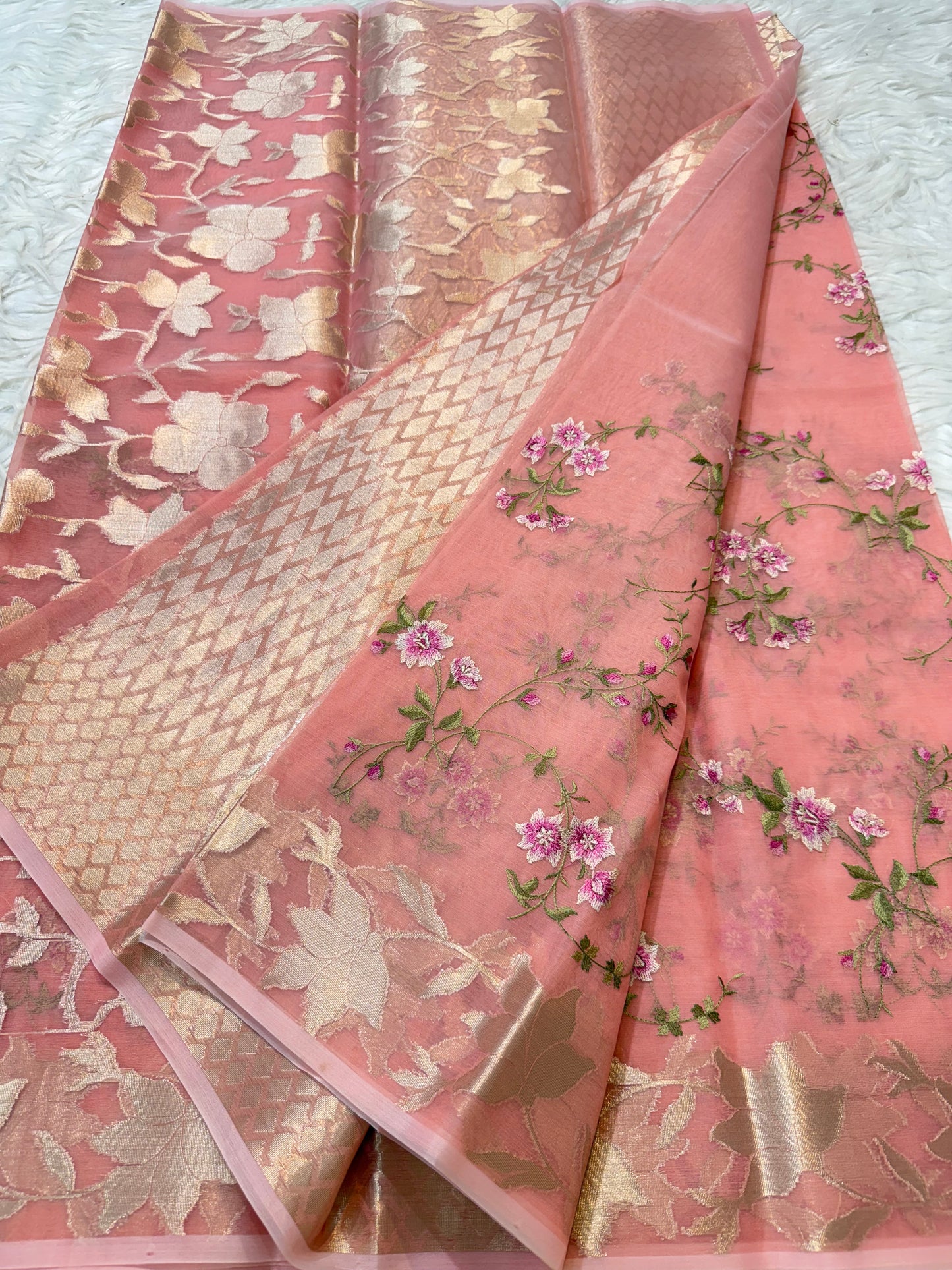 Peach shade kora organza embroidery Banarasi saree