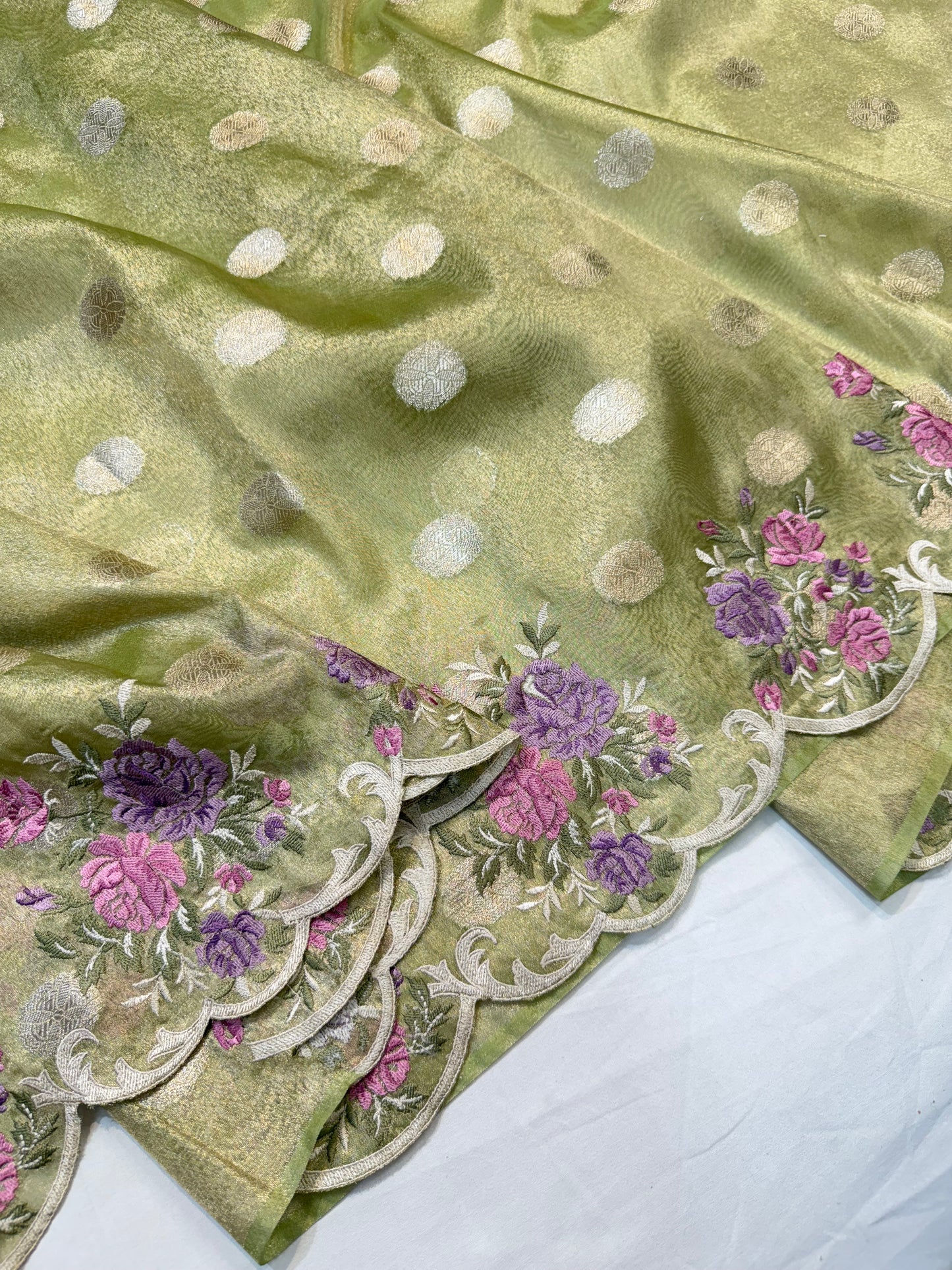 Pista green tissue cutwork embroidery premium designer Banarasi saree