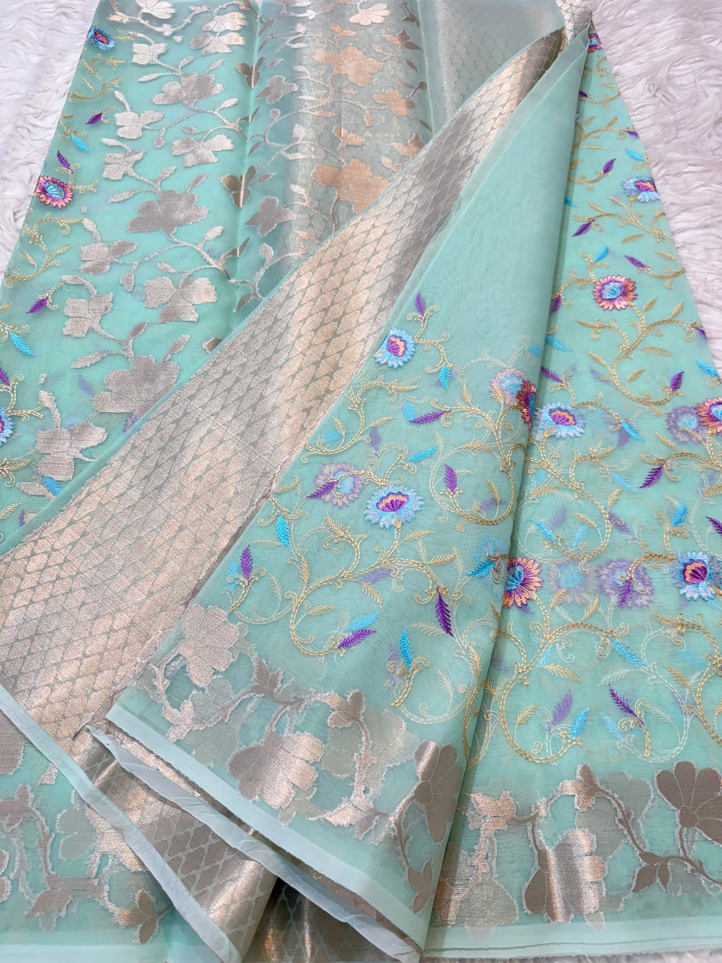 Turquoise kora organza embroidery Banarasi saree