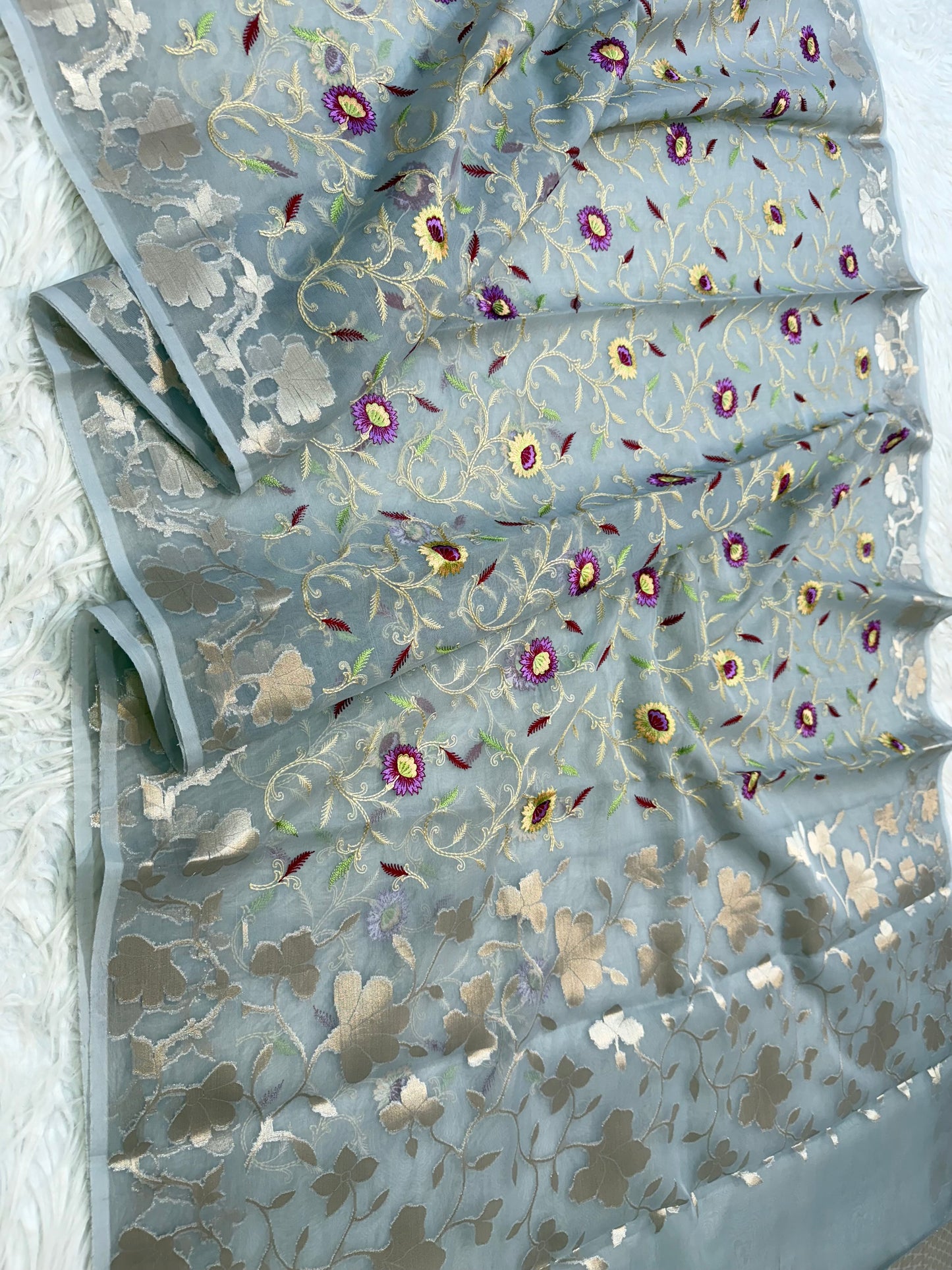 Grey kora organza embroidery Banarasi saree