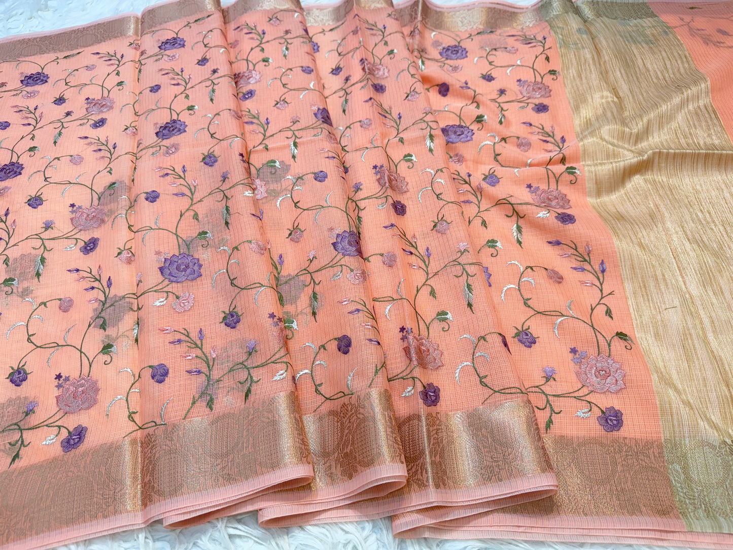 Peach shade kota embroidery Banarasi saree