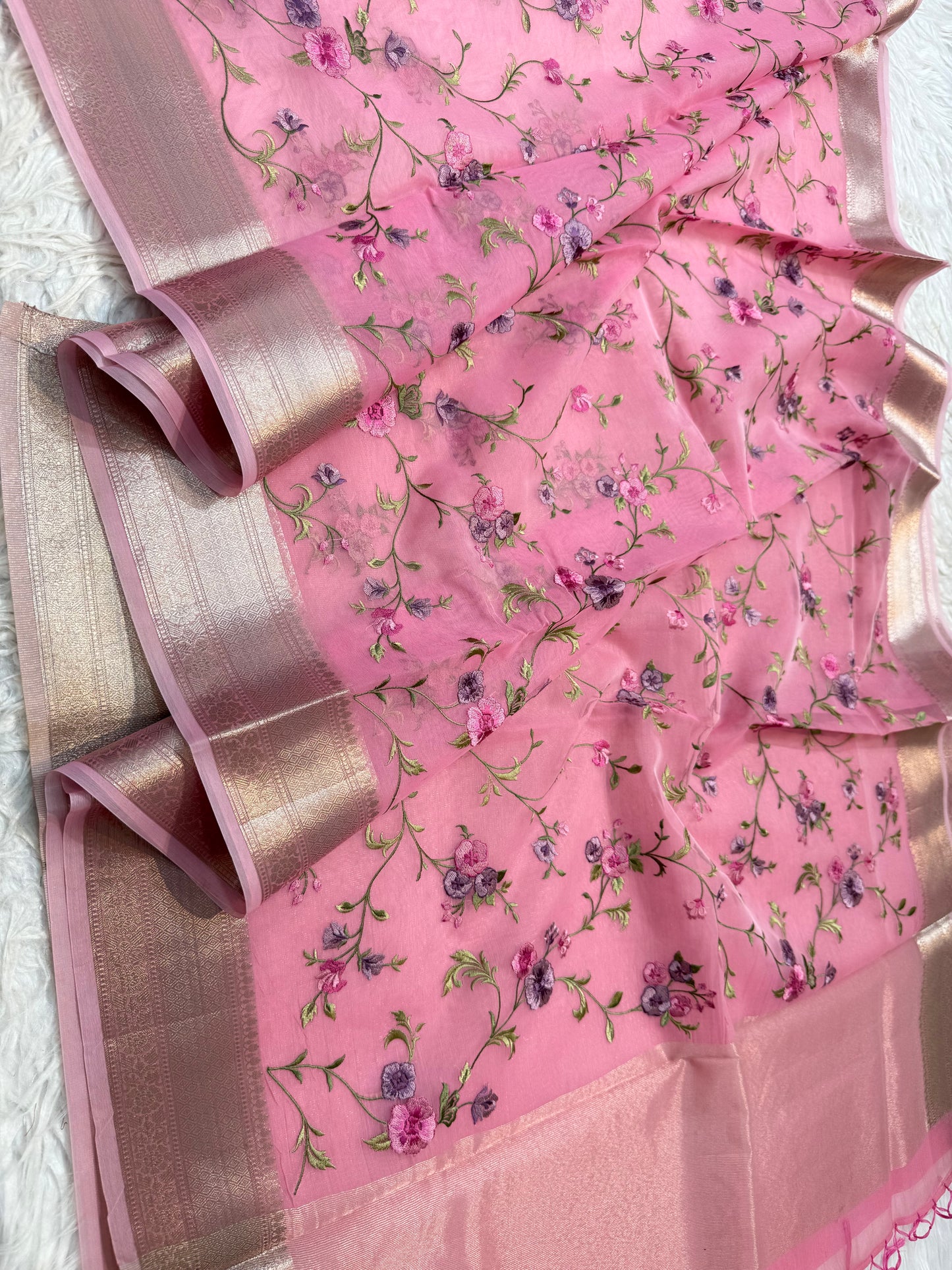 Pink shade organza embroidery Banarasi saree