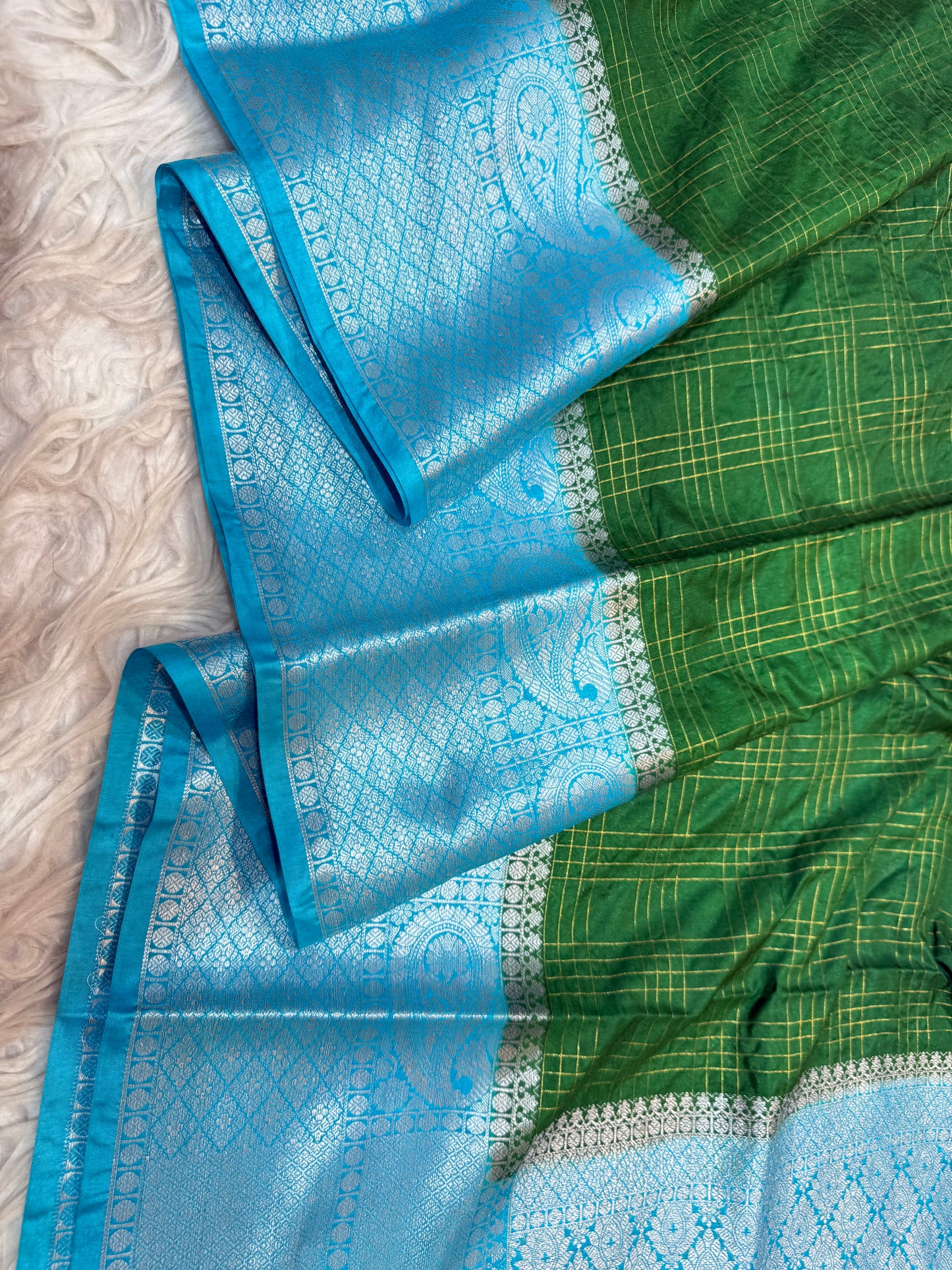 Bottle green & firozi shade Dupion Silk premium Banarasi Saree
