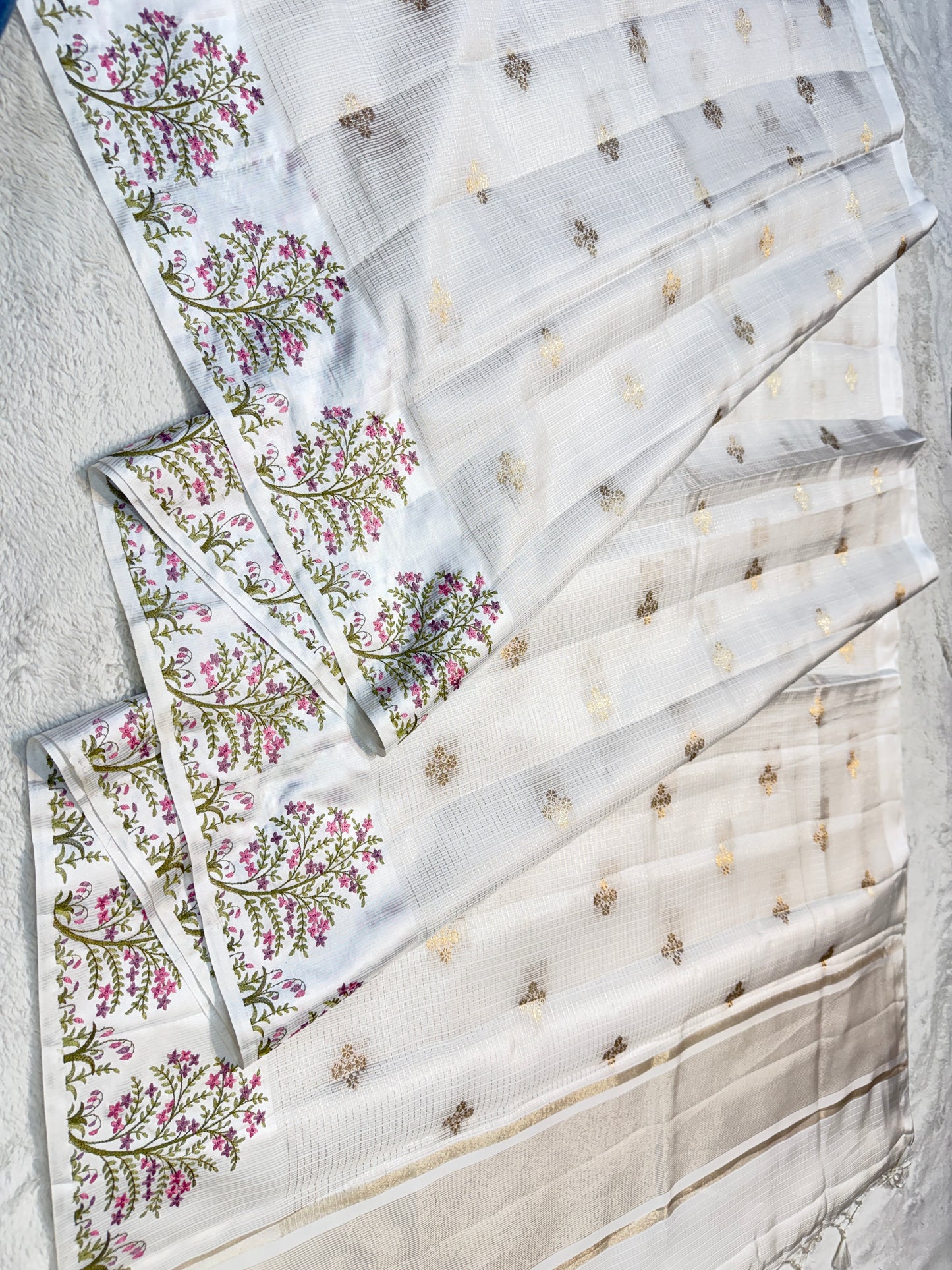 White shade soft cotton kota designer embroidery premium Banarasi saree