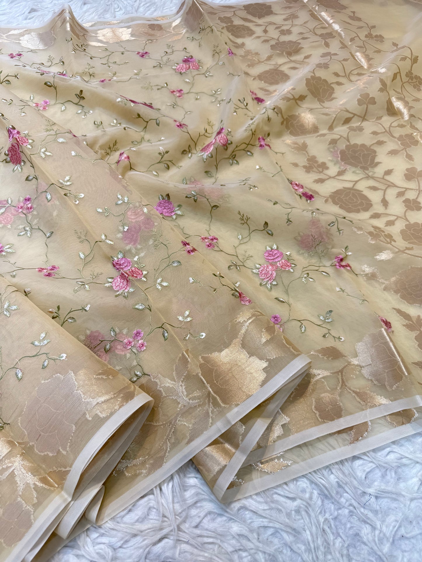 Beige green shade kora organza embroidery Banarasi saree