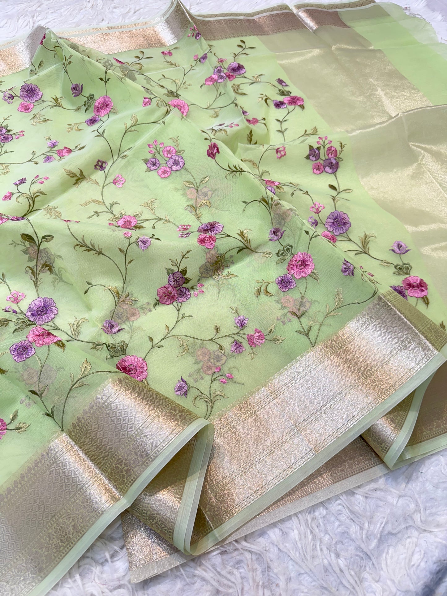 Pista shade organza embroidery Banarasi saree