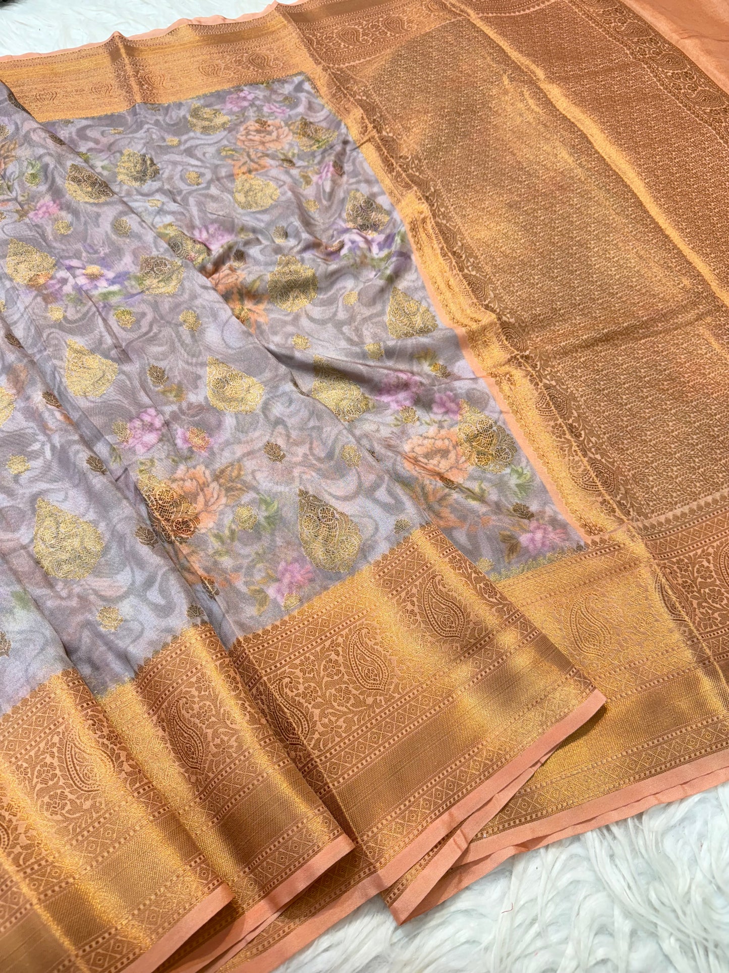 Grey peach & multicolour shade georgatte digital print Banarasi saree