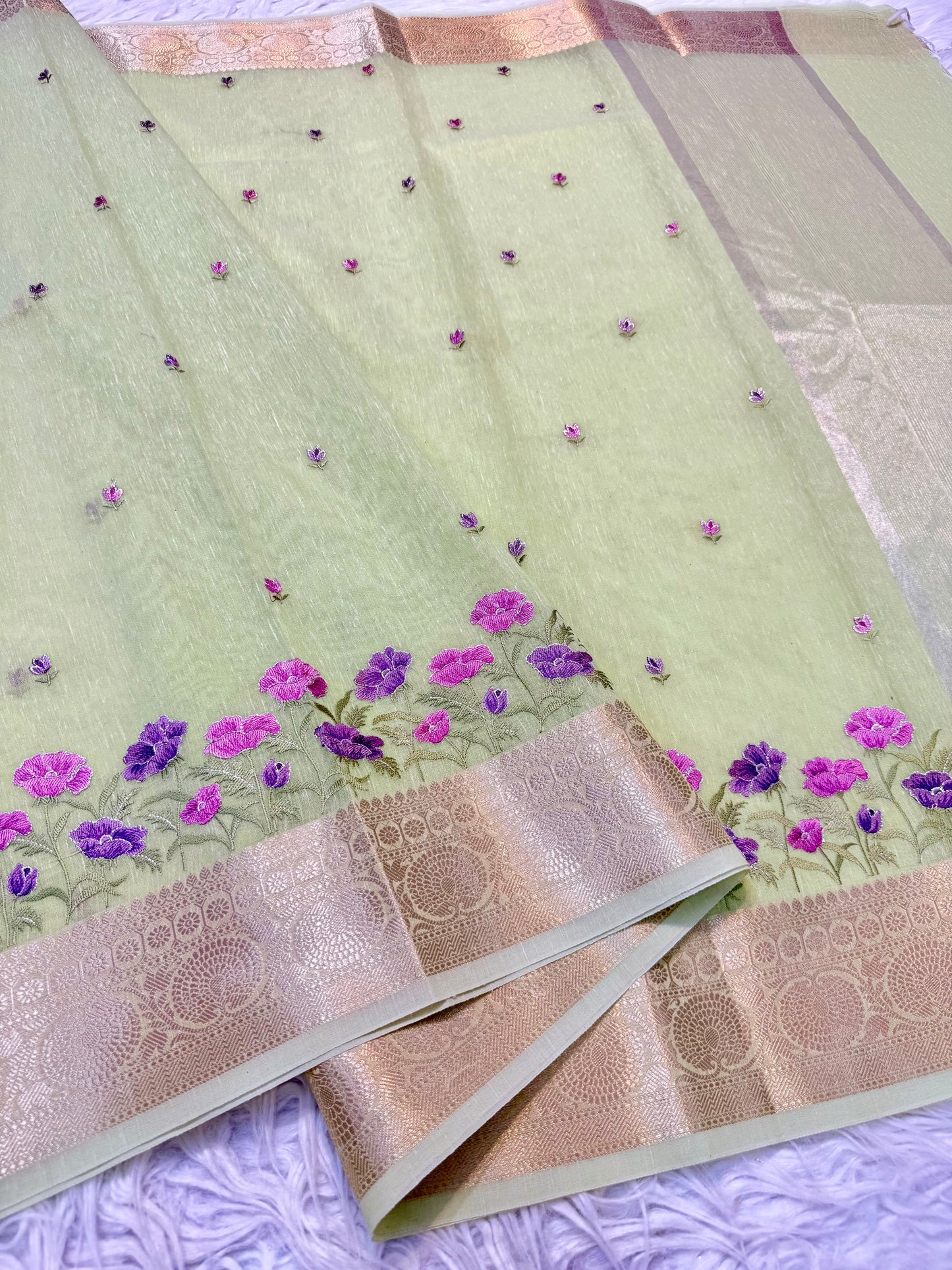 Pista green shade linen embroidery Banarasi saree