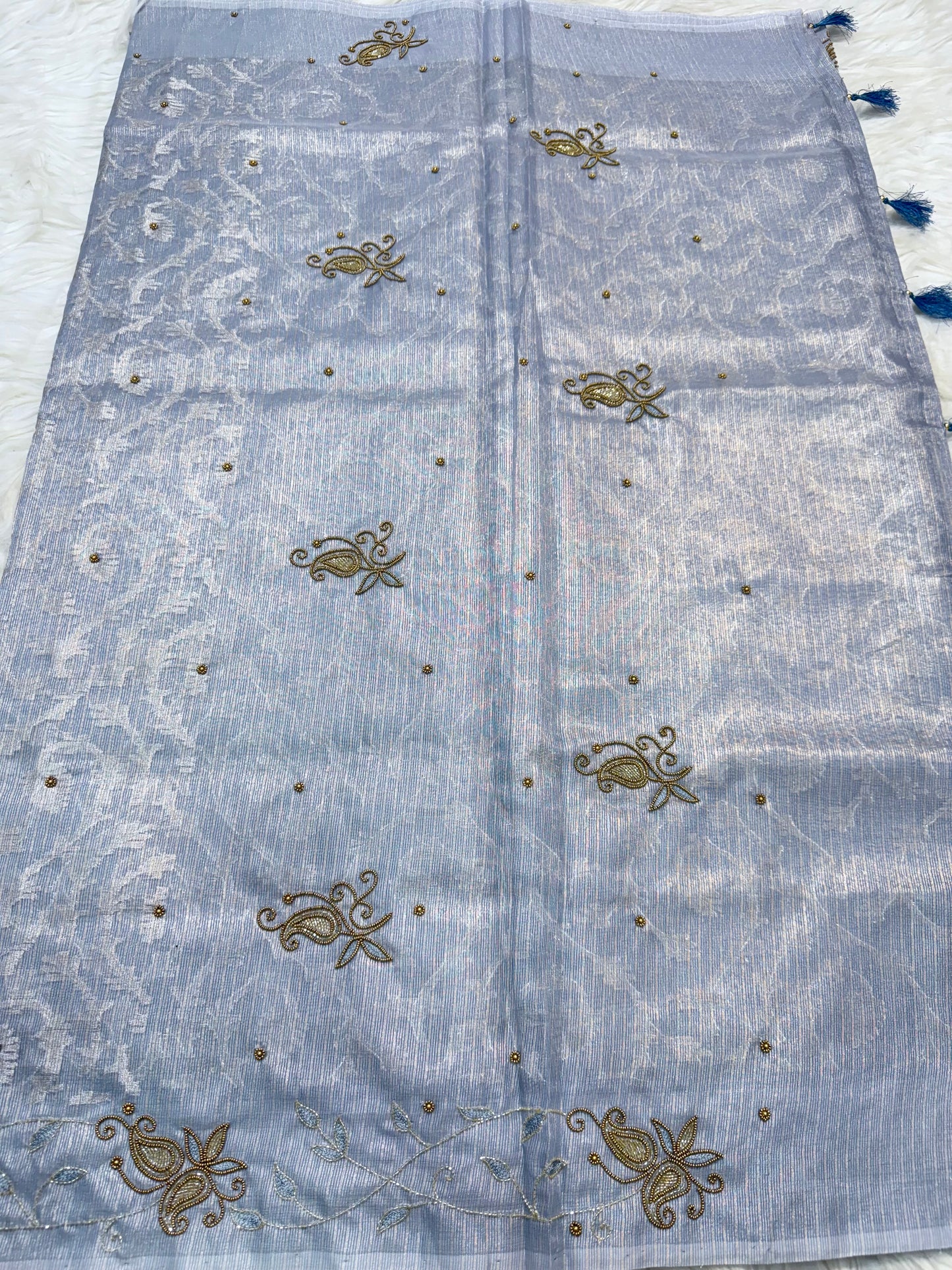 Blue shade tissue kota zardosi work premium Banarasi saree