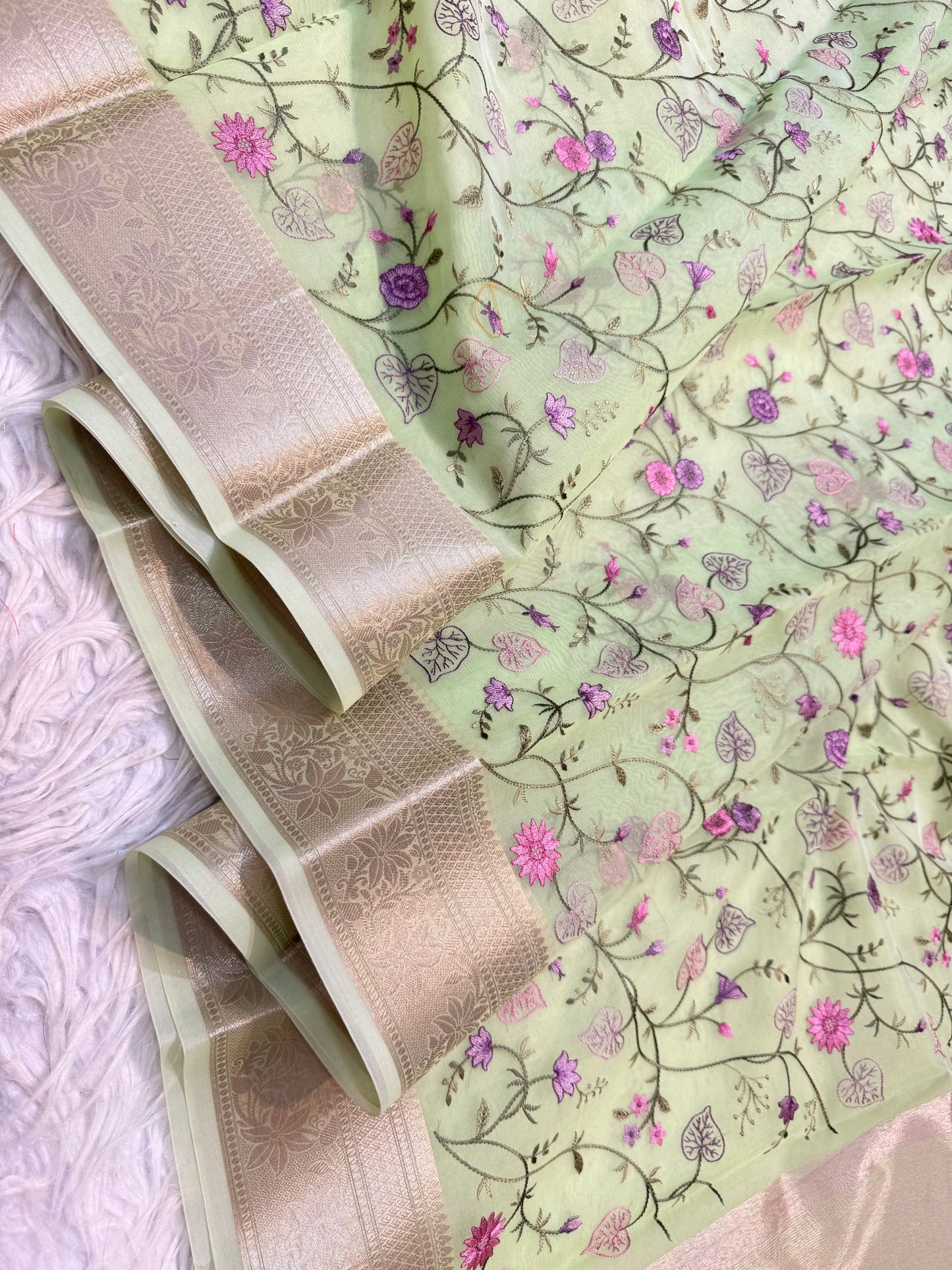 Pista green shade organza embroidery Banarasi saree