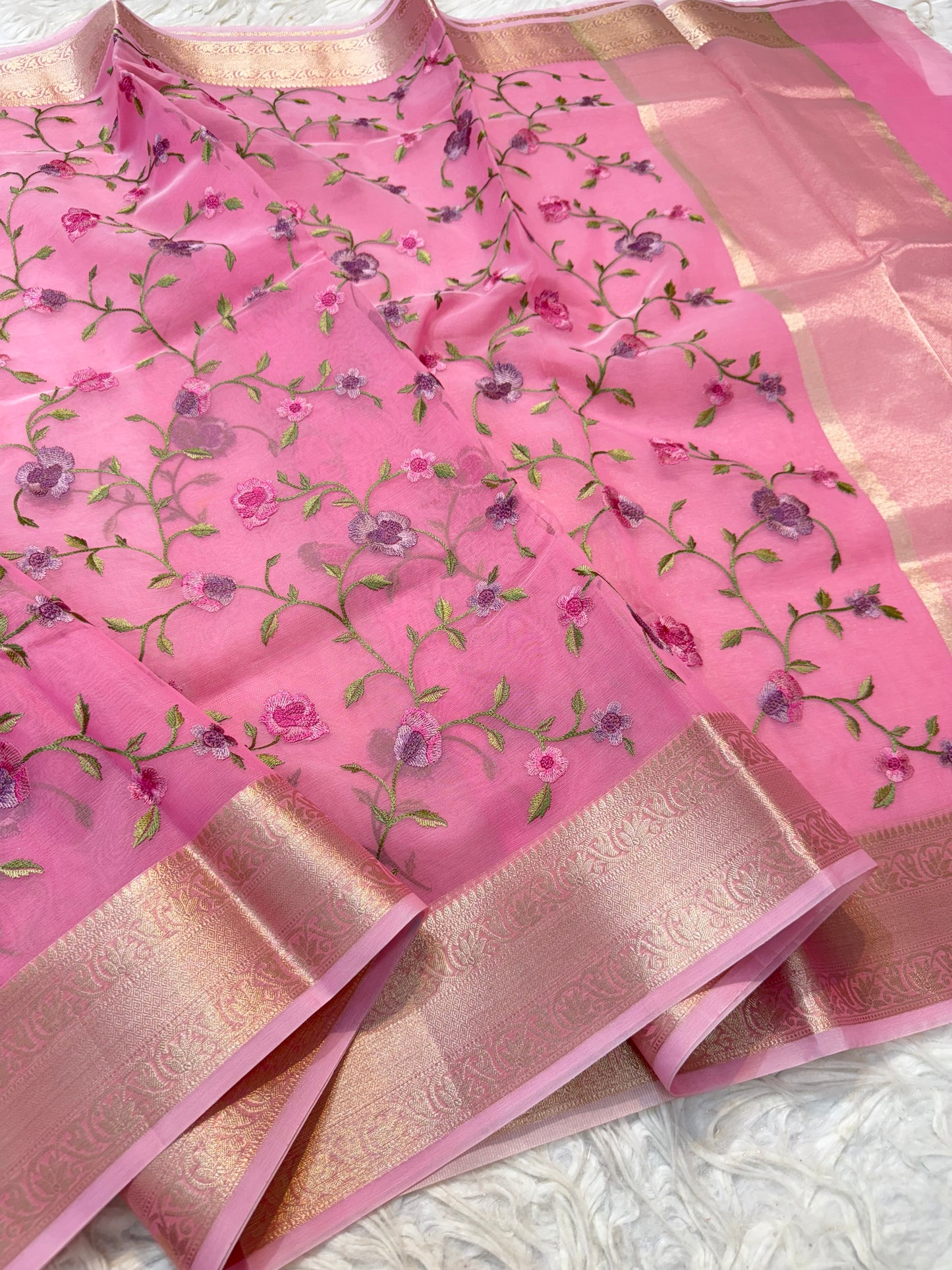 Pink organza embroidery Banarasi saree