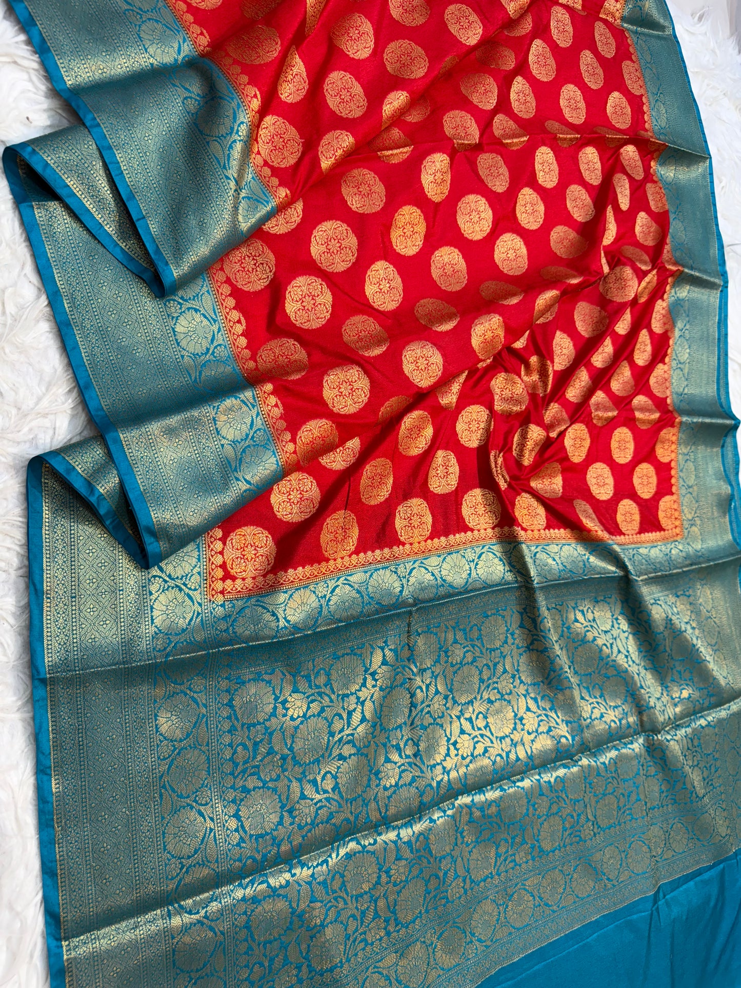 Red & firozi shade Dupion Silk Banarasi Saree