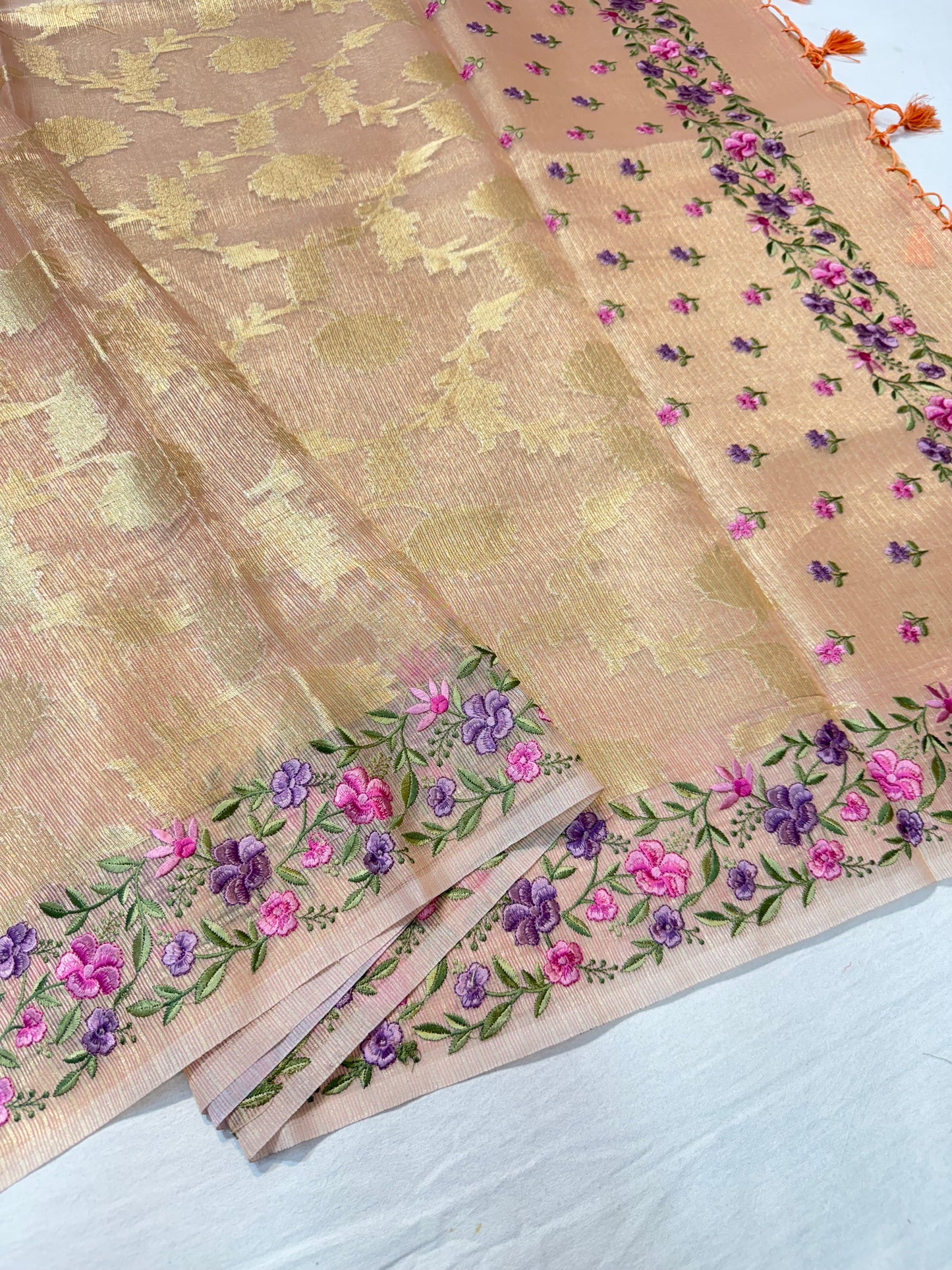 Peach shade tissue kota designer embroidery premium Banarasi saree