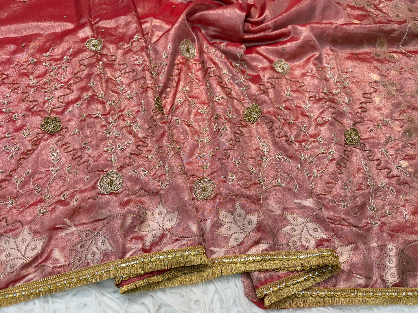 Red shade tissue ari & zardosi work designer premium Banarasi saree