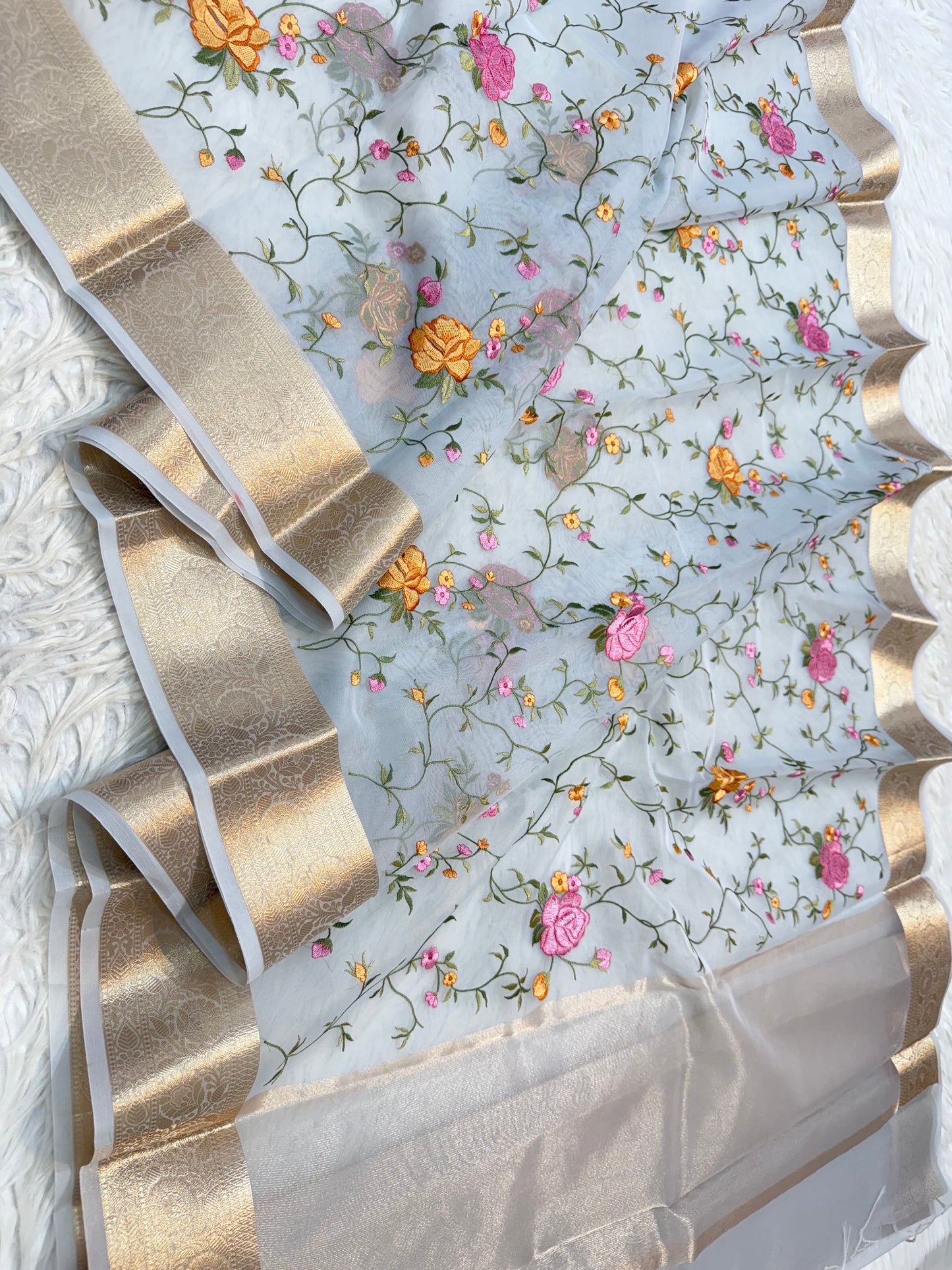 Grey shade shade organza embroidery Banarasi saree